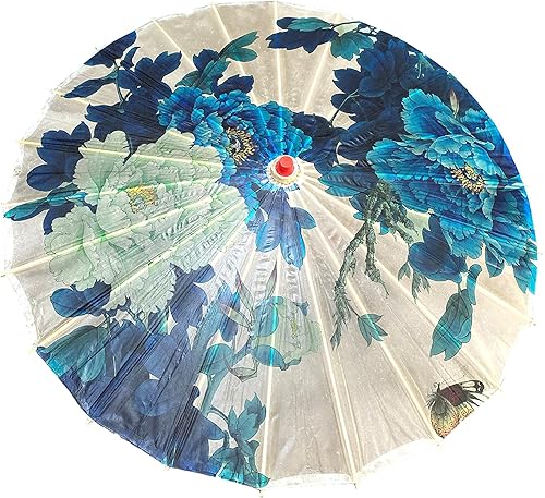 THY COLLECTIBLES Rainproof Handmade Chinese Oiled Paper Umbrella Parasol 33" Blue & White Flowers