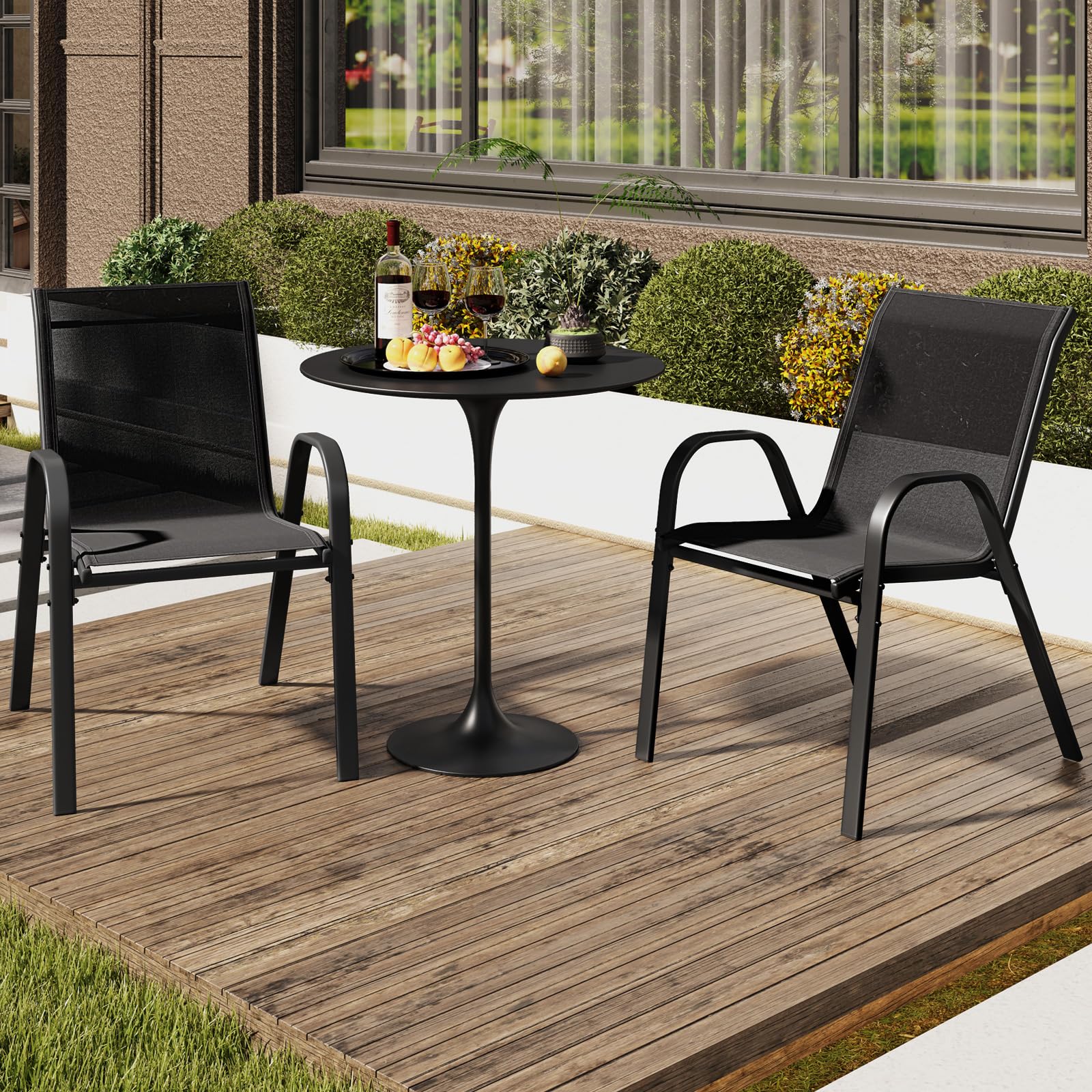 GIANTEX 4er Set Gartenstühle Stapelbar, Balkonstühle aus Textilene & Metall, Stapelstühle Hochlehner mit Armlehnen, Terrassenstühle Outdoor belastbar bis 150 kg (4, Schwarz, 56x70x84 cm)