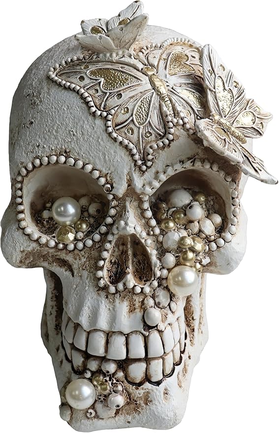 Resin Skull Head Decor Statue, Life Size Skull Halloween Decoration Home Decor Party Decorations,Skull Collectible Figurines,Adult Head Bone Model,Halloween Statue(White)
