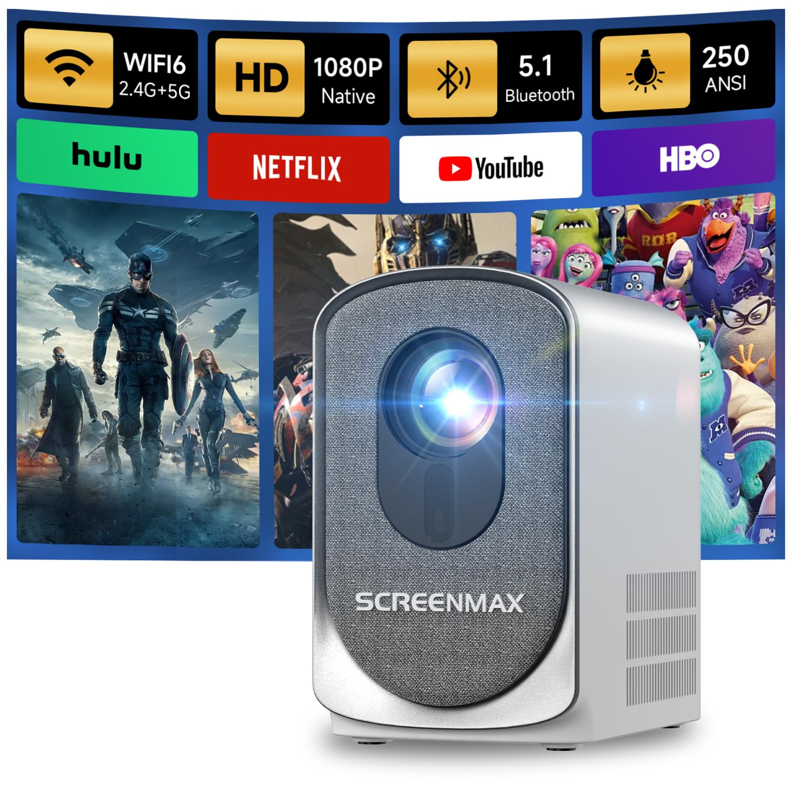 [Electric Focus] SCREENMAX C7 Mini Projector with WiFi and Bluetooth, 1080P Supported, Portable Projector for Outdoor & Indoor, Compatible with HDMI, Need Fire Stick for HULU, NETFLIX, YOUTUBE, HBO