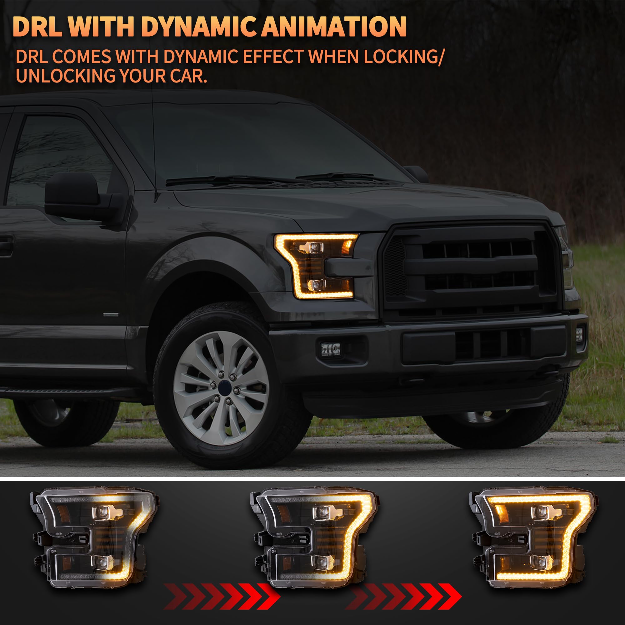 Reflektor LED do F150 2015 2016 2017 Halogen XL, XLT, Lariat, King Ranch, Platinum, Limited, Raptor [nie do oryginalnych diod LED], DRL z wyświetlaczem dynamicznym, żółte światła do jazdy