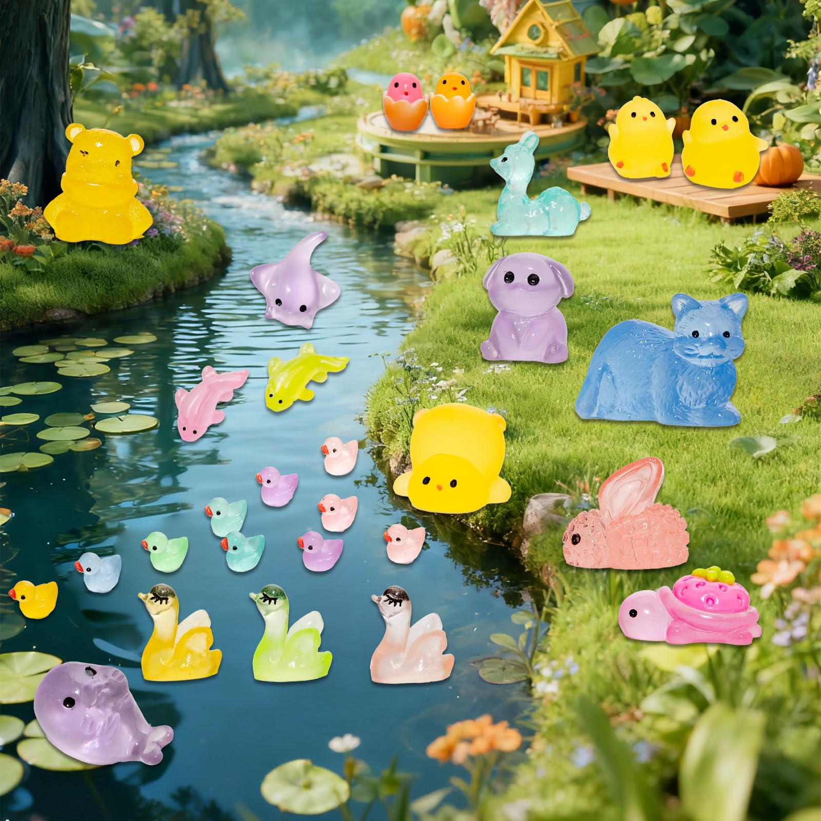 80 sztuk mini figurek, 15 różnych mini zwierząt z żywicy, malutkie świecące figurki zwierząt, zestaw kolorowych małych zwierząt, dekoracja do DIY mikrokrajobrazów, sceny akwarium, dekoracje