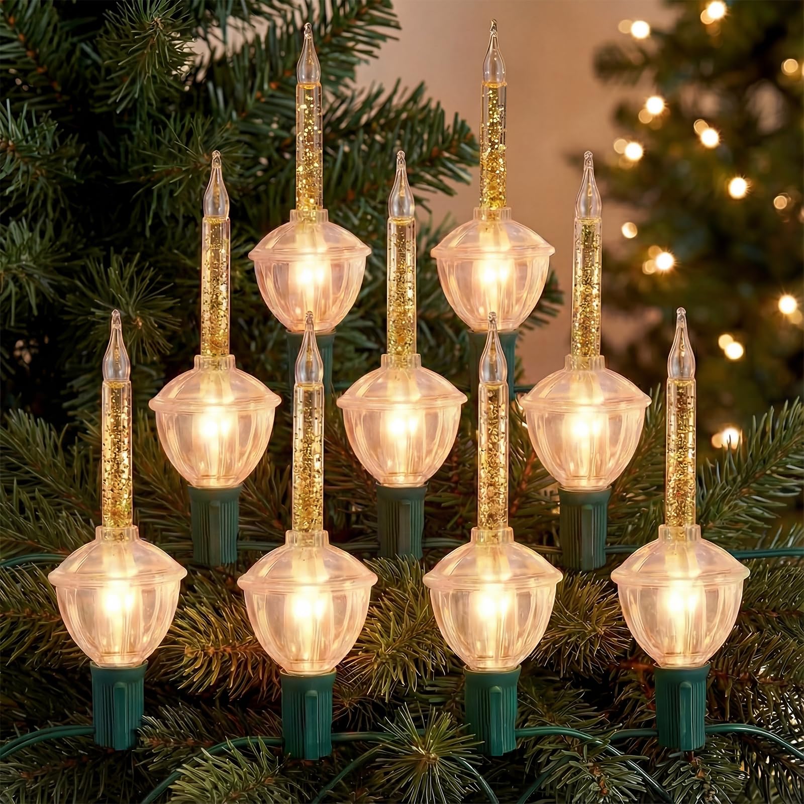 Luces de burbujas doradas de Navidad, tira de luces de burbujas vintage de 8.8 pies, 10 luces de burbujas transparentes con purpurina dorada (1 recambio), base C7/E12, luces de burbujas al aire libre