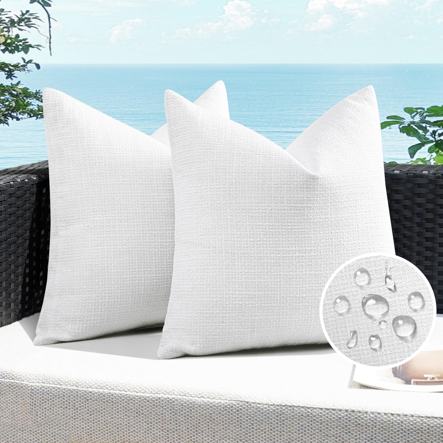 Artscope Outdoor Waterproof Throw Pillow Covers 20x20 Inch Decorative Linen Outdoor Pillows Cushion Case for Patio Couch Sofa - White