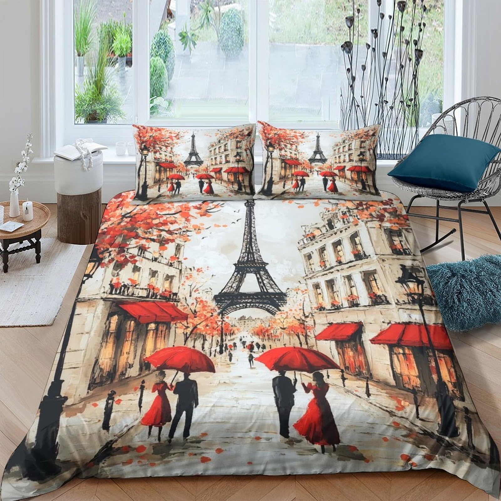 Ctjqhvkz Style-5 3D Printed Paris Street Fitted Sheet Microfiber Soft Red Umbrella Eiffel Tower Bed Cover For Bedroom Dorm Mattress Decor Single（135X200cm）