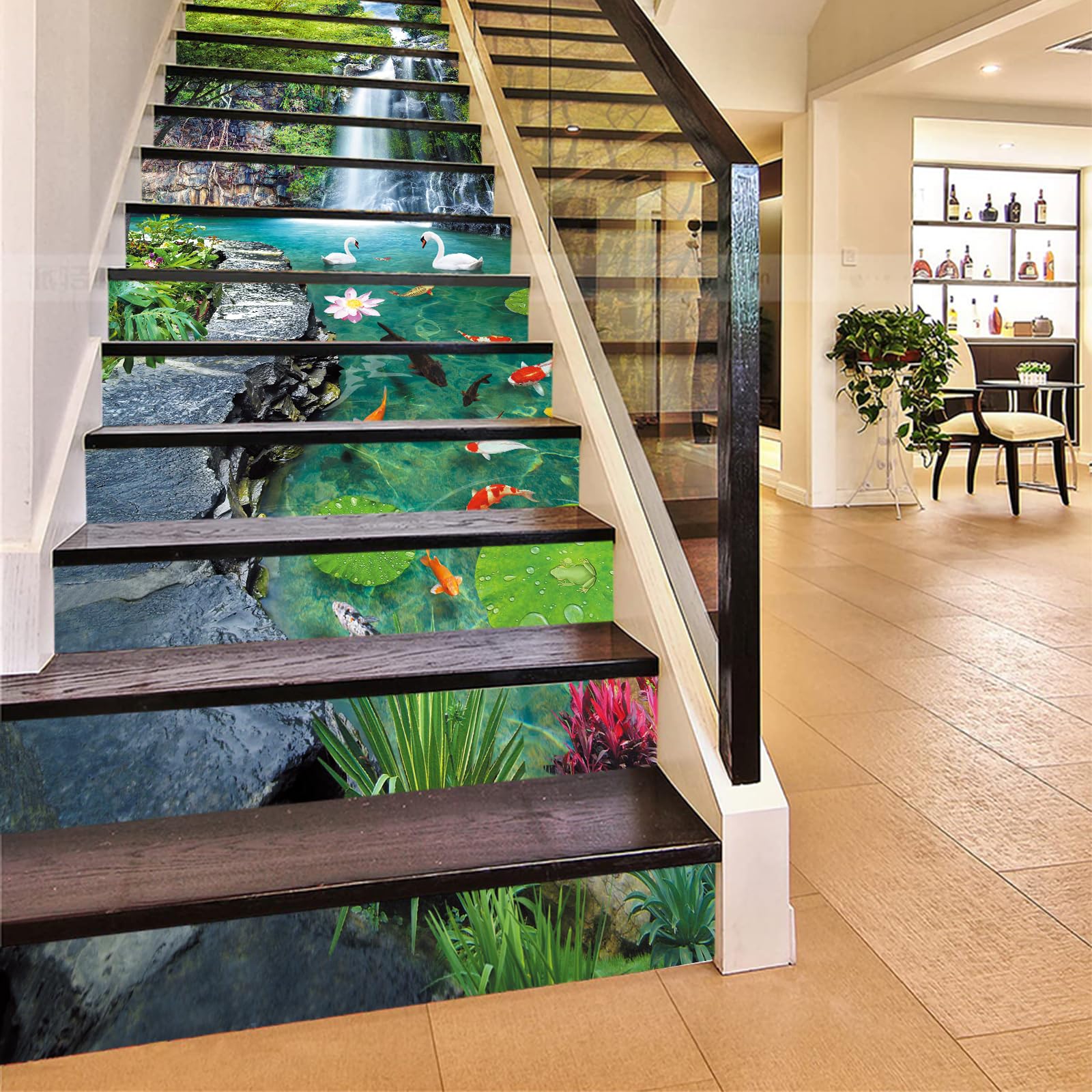 Flfk G747 13Pcs Stair Risers Stickers Peel And Sick 39.37"X7.08",Self-Adhesive Staircase Stickers Decals, Garden Landscape Mural Wallpaper For Stair Steps