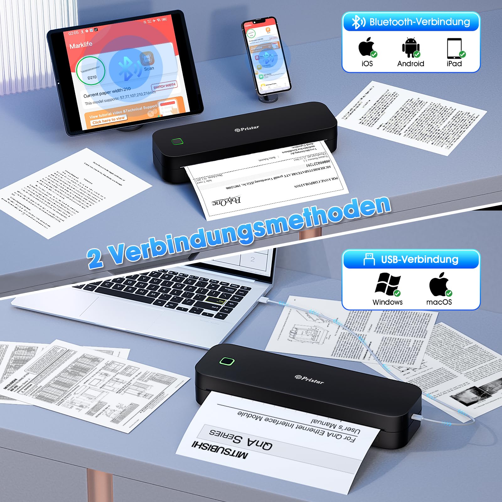 Pristar D210 Thermodrucker A4, Tragbarer Drucker Kompatibel mit iOS/Android und Laptops, Mobiler Drucker A4 für Unterwegs, Büro, Auto, Schule, Zuhause, Bluetooth Thermodrucker Tattoo, Schwarz