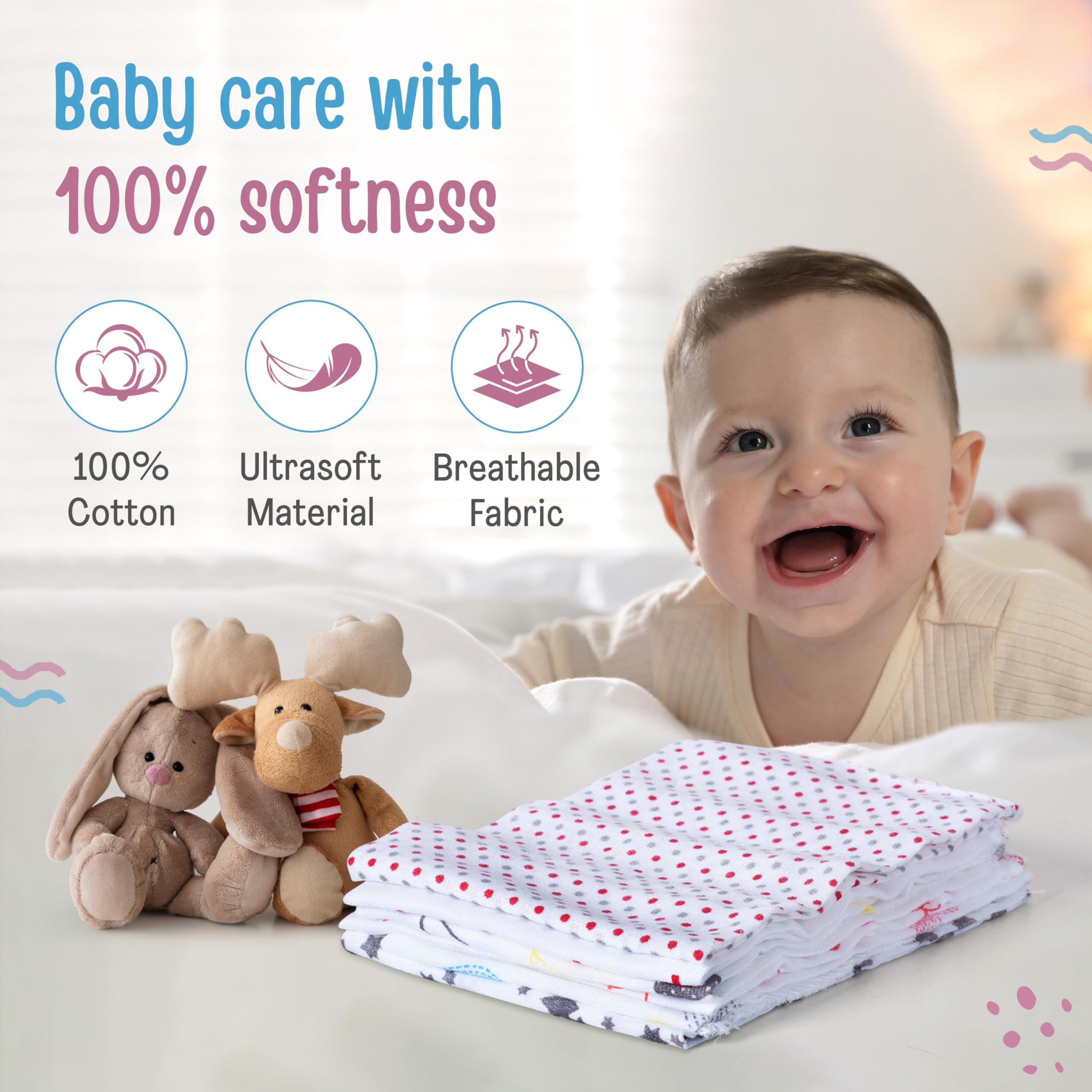 Luv Lap Premium Baby Washcloth for New Born, 100% Muslin Cotton Cloth, Washable, Reusable, Absorbent, Extra Soft Face Towels/Washcloth for Babies, 6 Pcs, Dots, Hearts Print
