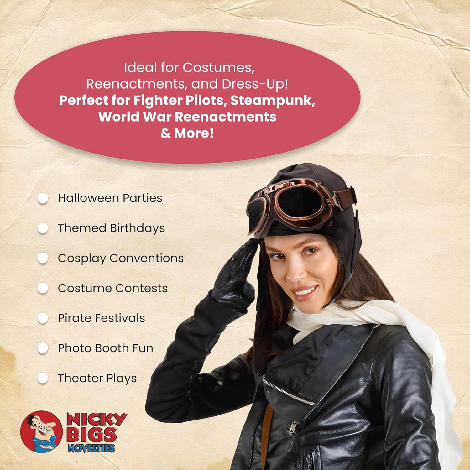 Deluxe Vinyl Retro Pilot Aviator Helmet Kit Flying Hat Goggles and Scarf Costume Set, One Size - Image 3