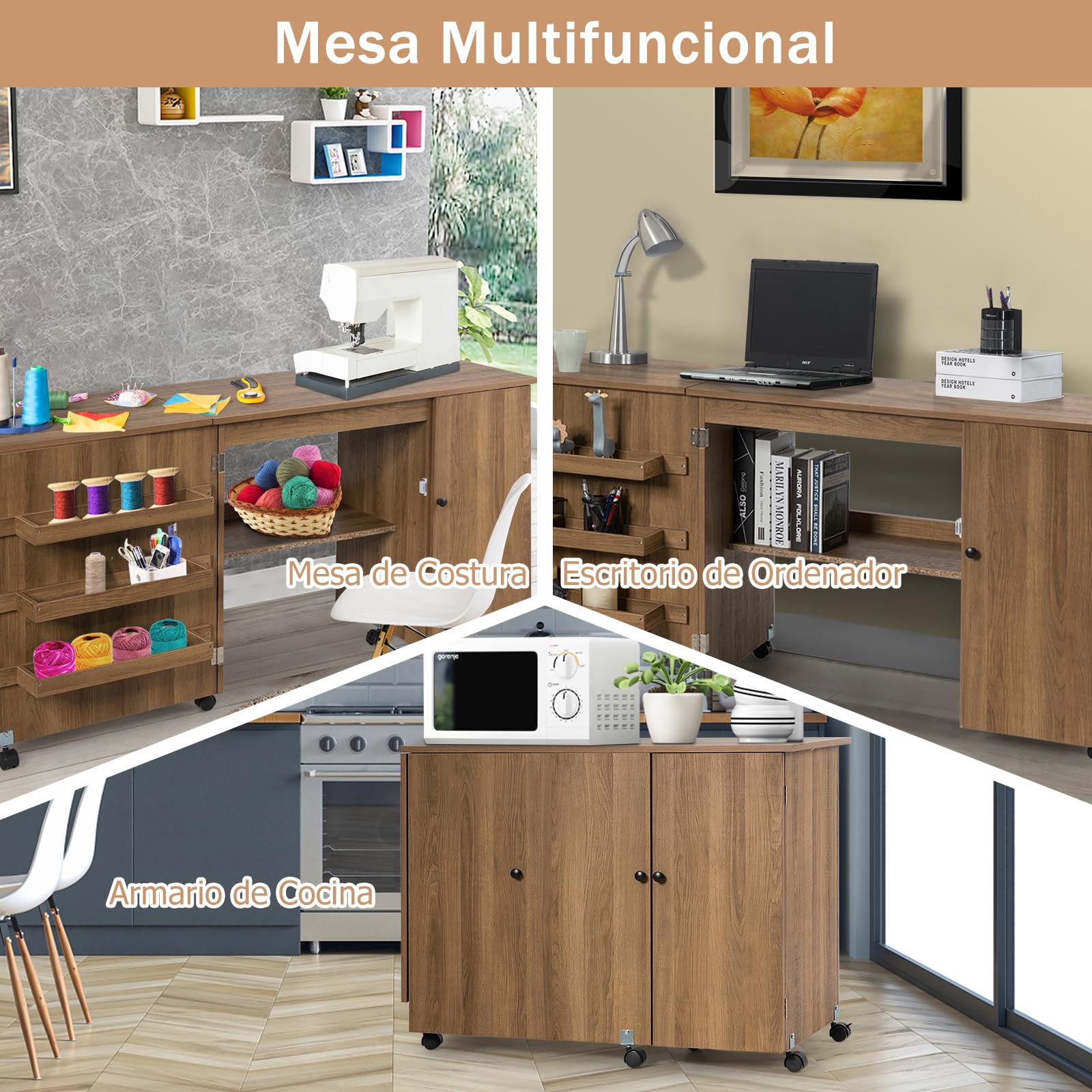 GIANTEX Armario de Costura Plegable con 5 Ruedas y 3 Estantes, Mesa Plegable de Costura con Tabique, Mueble para Máquina de Coser para Dormitorio, Salón y Estudio (Marrón)