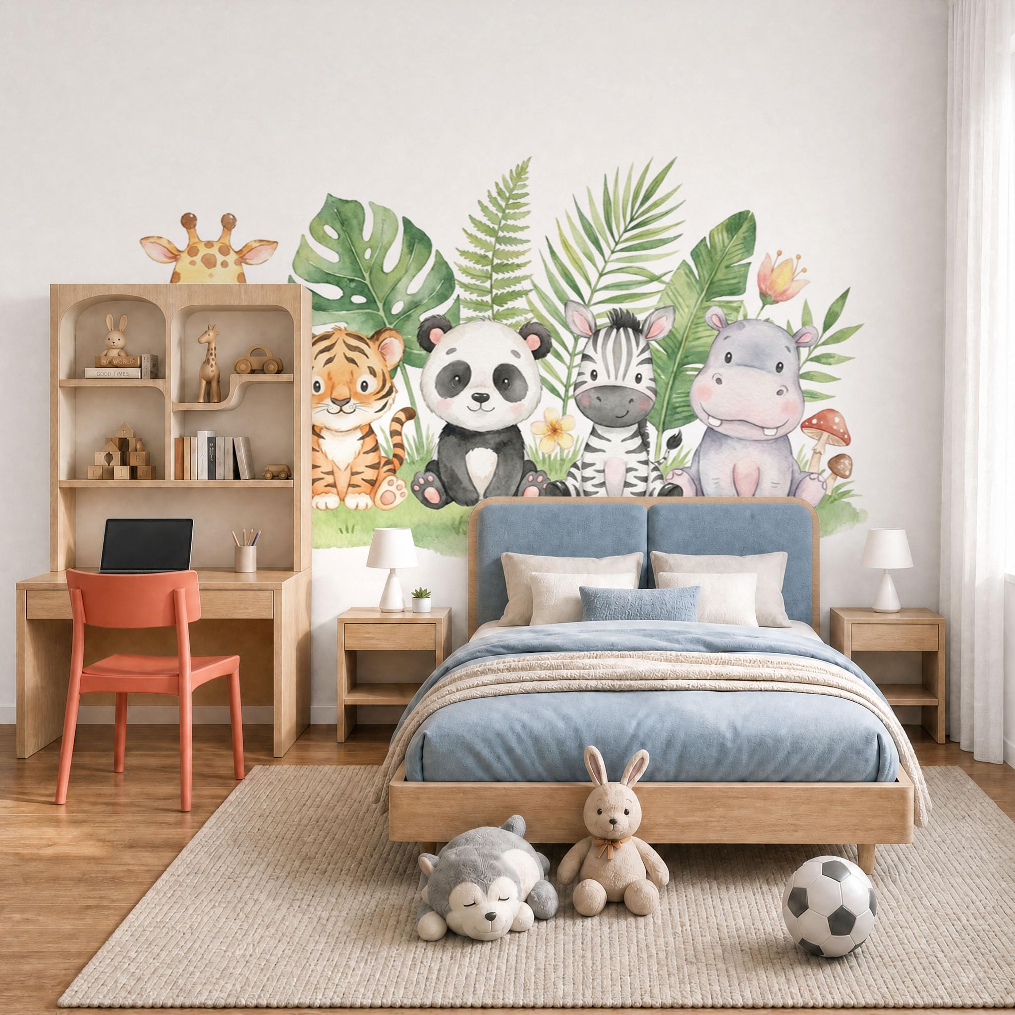 Papier Peint Panoramique Animaux Dessin Animé Blanc 300x210 cm pour Décoration Murale de Chambre