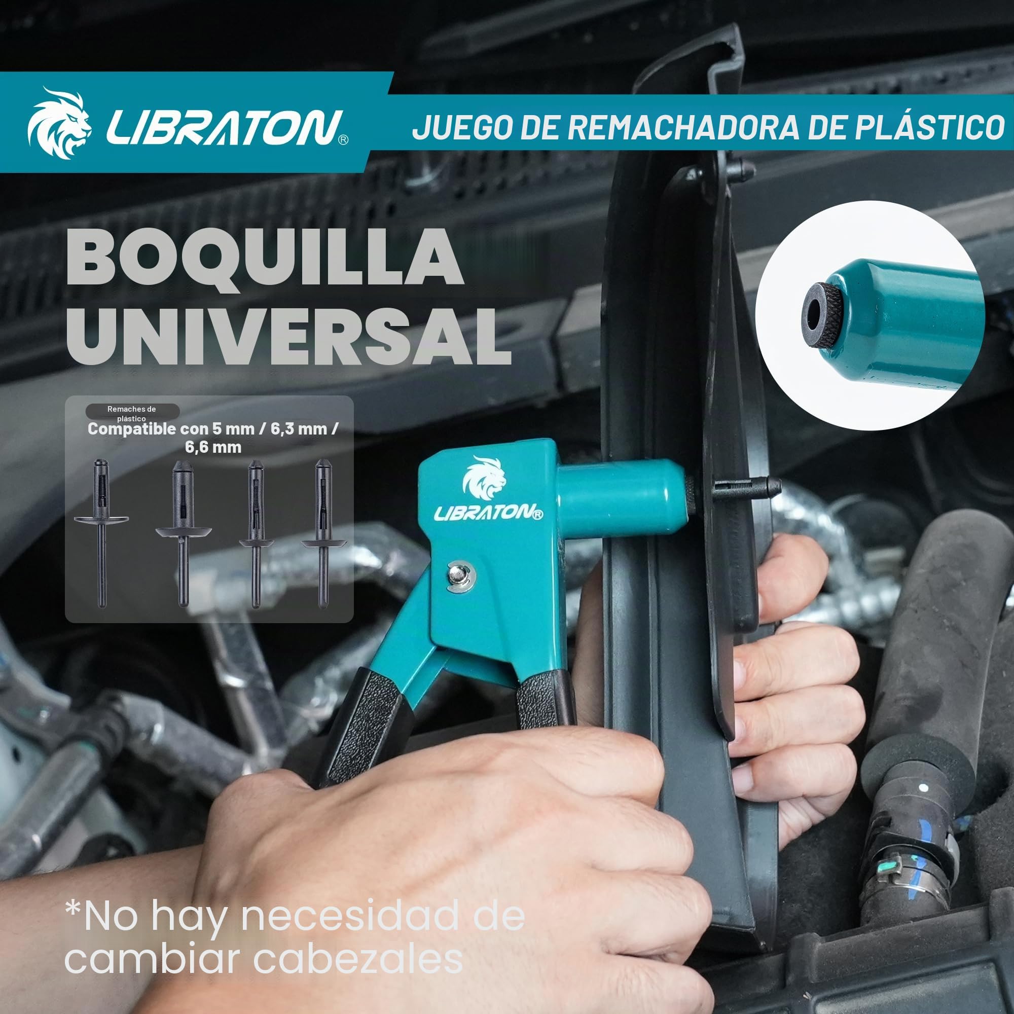 LIBRATON - Kit de pistola remachadora de plástico, remachadora manual de 90 grados con 40 remaches de nylon (4 tamaños), punta universal para automoción/electrónica, ergonómica y con un 50% menos de