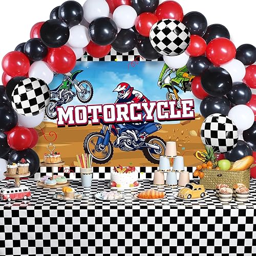 Capoda 72 piezas de decoración de fiesta de motocicleta, camión, motocross, mantel de telón de fondo con globos, juego de decoración temática de