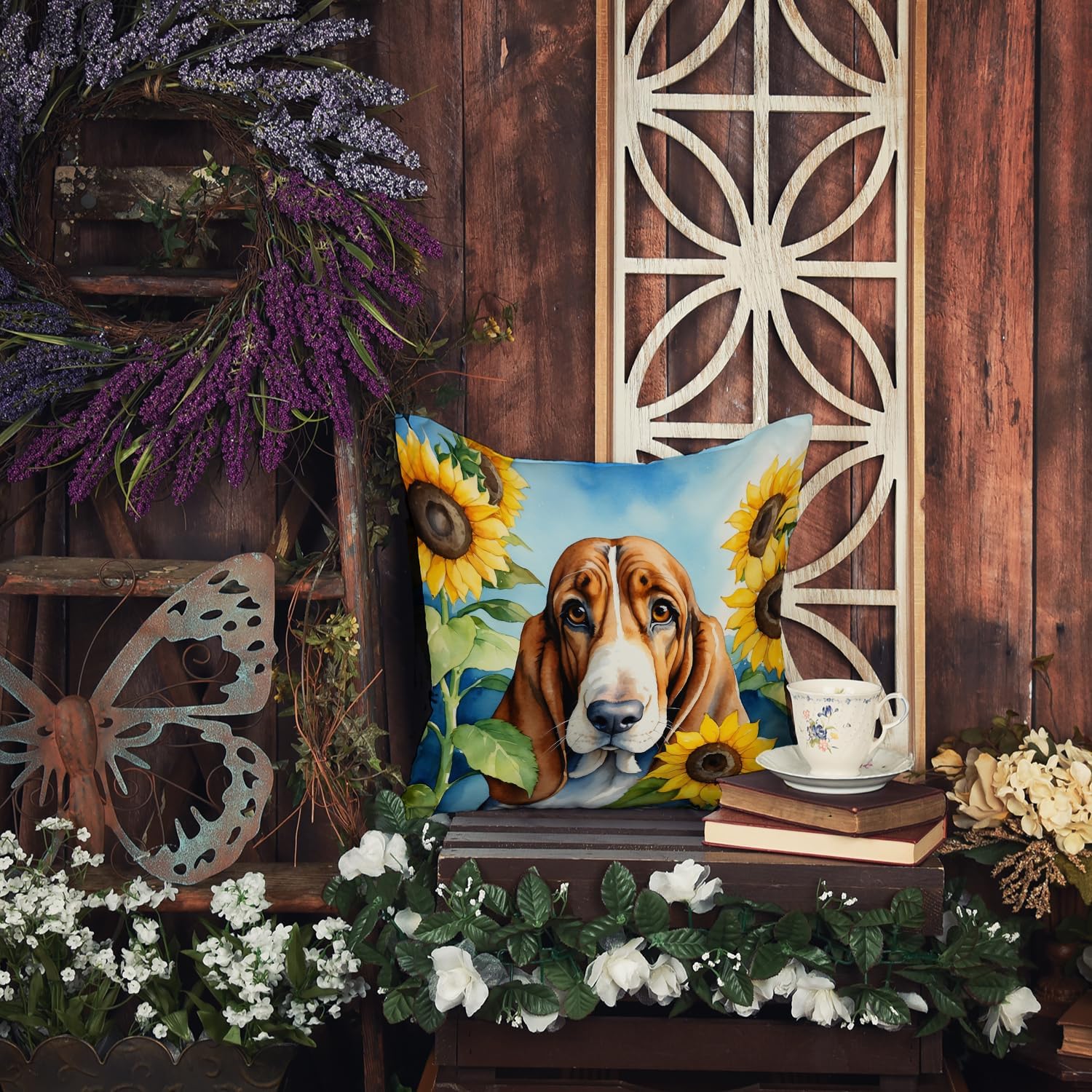 Caroline's Treasures in Sunflowers Throw Pillow, 14Hx14W, Basset Hound 6017
