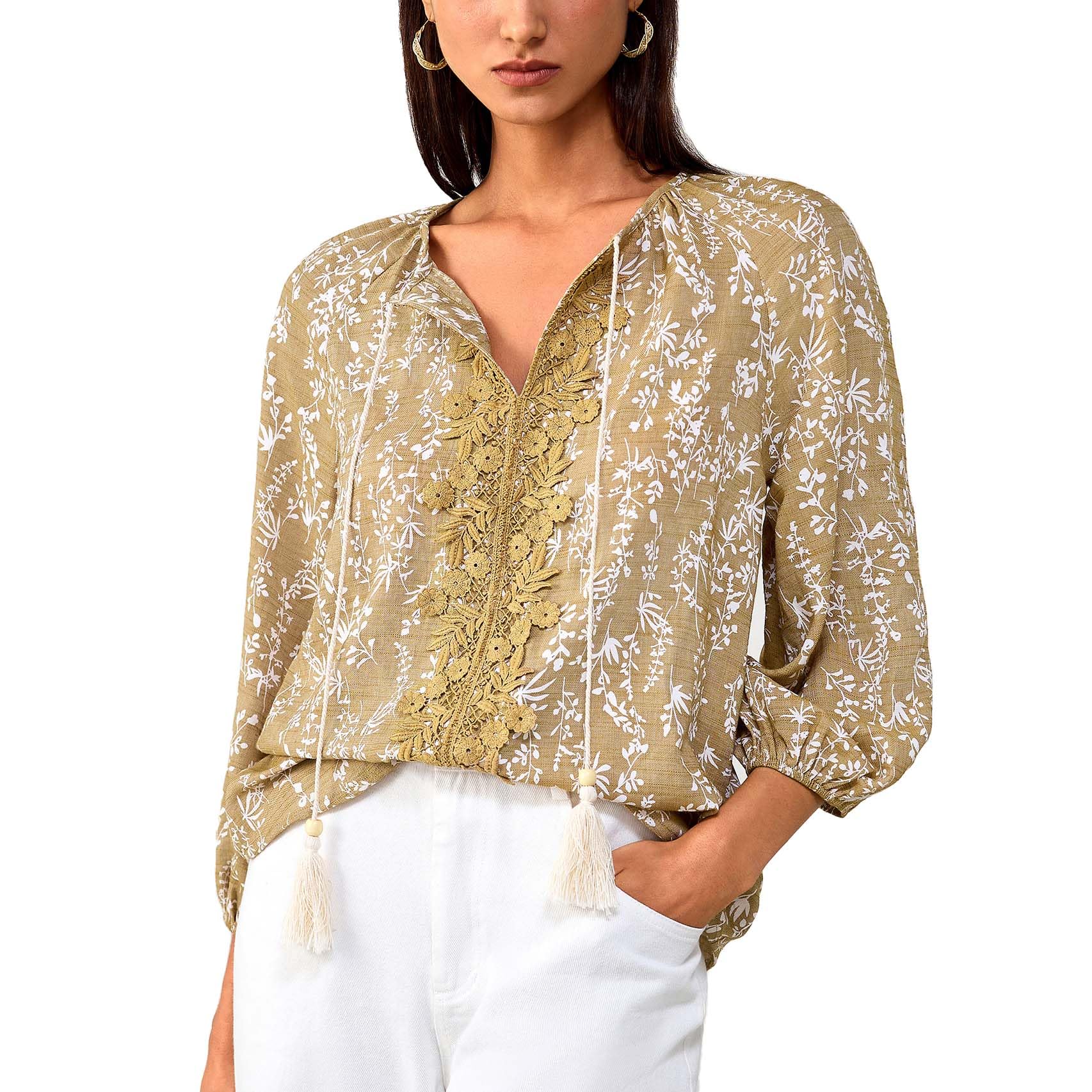 Women's Tassel Drawstring V-Neck Blouse - 3/4 Balloon Sleeve Lace Shirt Bohemian Floral Top