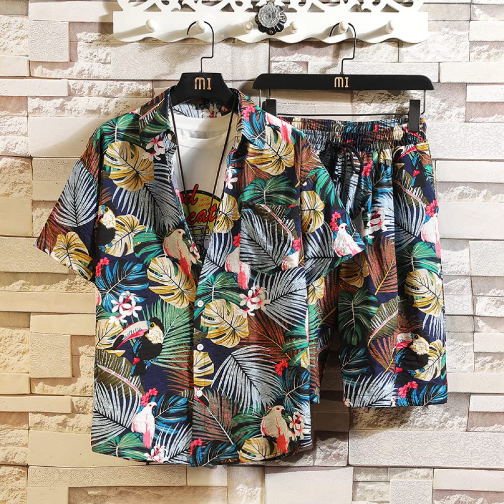 Funky Camisa Hawaiana, Conjunto De Camisa Hawaiana Para Hombre Y Pantalones Cortos De Playa Hawaianos Plantas Tropicales Azul Marino Hojas Pájaro Trajes Hawaianos Camisa De Playa De Manga Corta Inf