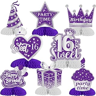 Cheereveal 16th Birthday Decorations, 8 PCS 16th Birthday Honeycomb Centerpieces Purple Silver, Happy 16 Birthday Table Centerpiece Table Toppers for Girls Sixteen Years Old Party Table Decorations