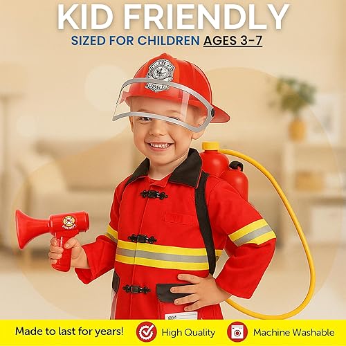 Miniatura 6 de Liberty Imports Disfraz de bombero de 12 piezas para niños, equipo de disfraz de jefe de bombero, ropa para juegos de rol, juego de juguetes con