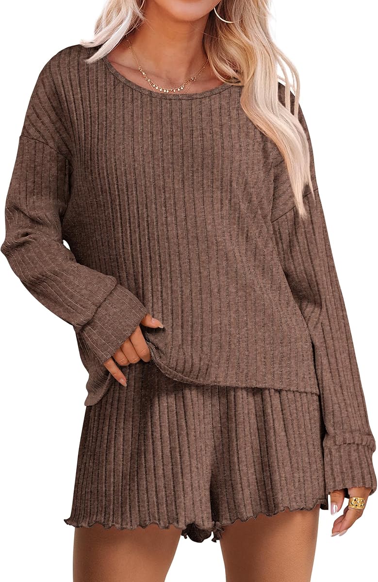 ANRABESS Conjunto de pijama de 2 piezas para mujer, informal, acanalado, manga larga, pantalones cortos a juego, ropa de dormir, conjunto de pijama, trajes de otoño 2026