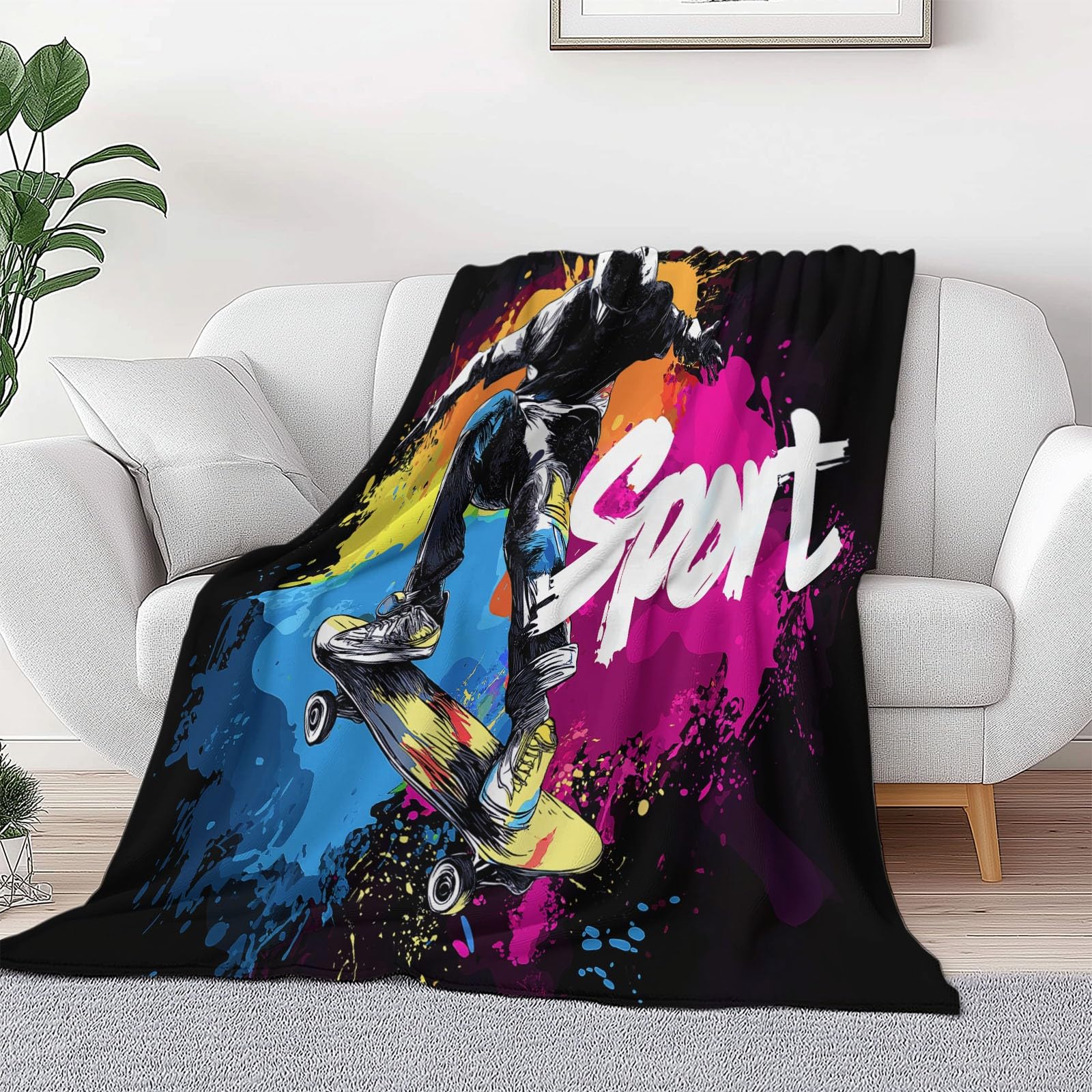 Czarny, ultramiękki koc flanelowy, narzuta 221 x 239 cm, pluszowy i ciepły, abstrakcyjny, graffiti, deskorolka, sport, nadruk, lekki koc na łóżko, na sofę, do podróży i dla dzieci i dorosłych, 220 x