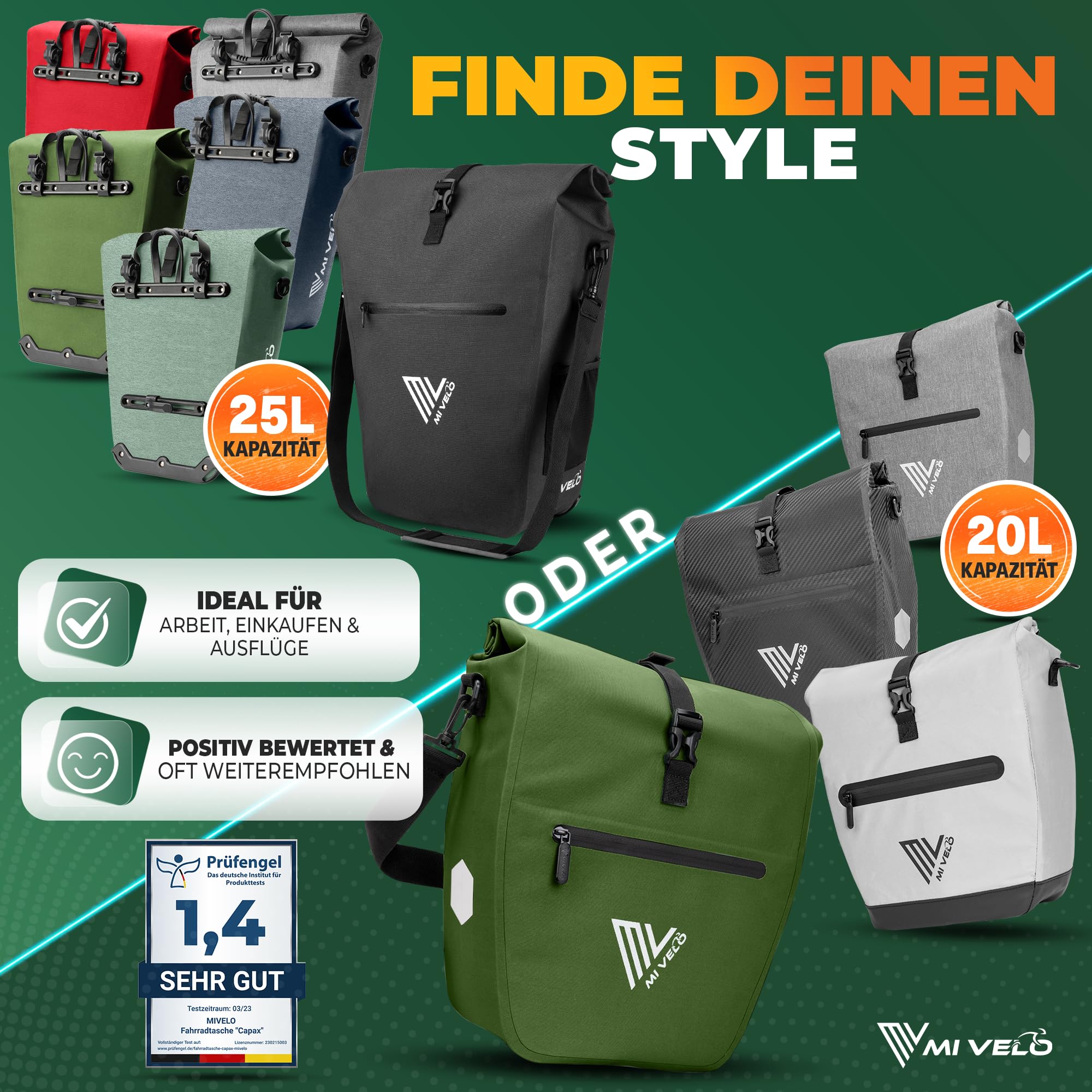 MIVELO Sacoche de vélo 2 en 1 pour porte-bagages - Sac de porte-bagages imperméable - Comprend un compartiment rembourré pour ordinateur portable et une bandoulière - Sac pour vélo I Pack Bag 20 L