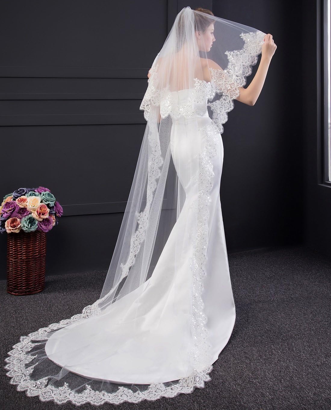 EllieHouse Chapel Length 2 Tier Sequin Lace Wedding Bridal Veil For Bride E74
