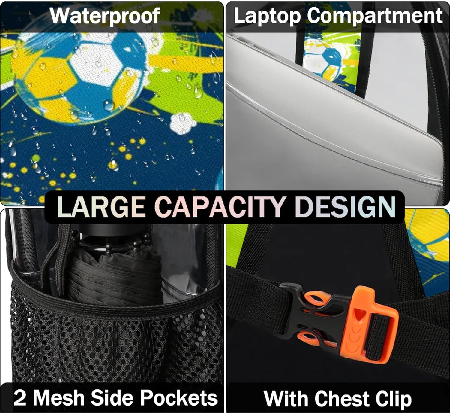 Soccer Sports Football Clear Backpack Heavy Duty Large Capacity See Through Backpack PVC Transparent Bag for Security Stadium Events Concert Travel