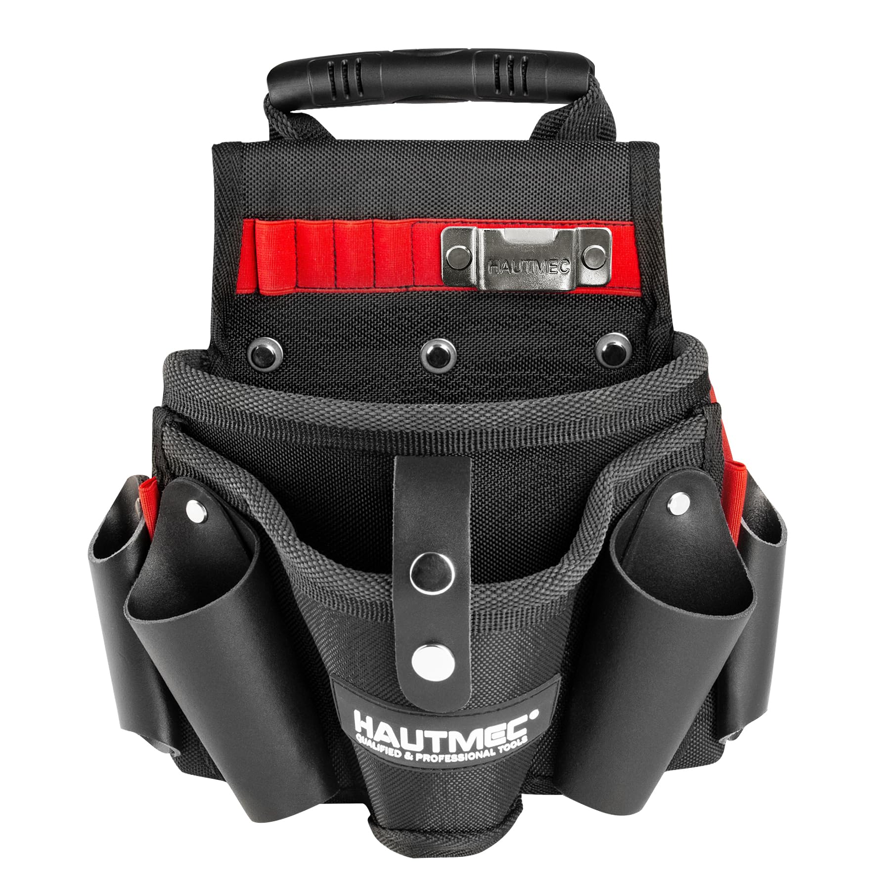 HAUTMEC Heavy-Duty Tool Belt Pouch, 1680D Tool Bag for Belt with Drill Holster, Large Compartment, 4 Leather Pockets, 11 Elastic Loops, Tape Measure Holder – HT0410