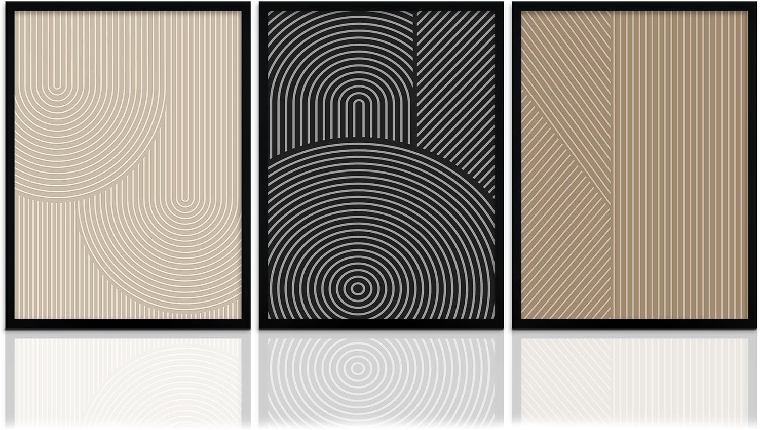 FWAHREN Framed Modern Abstract Minimalist Neutral Canvas Wall Art Set of 3, Geometric Textured Line Mid Century Prints Artwork, Contemporary Japandi Wall Decor, Living Room Bedroom Office, 16x24in