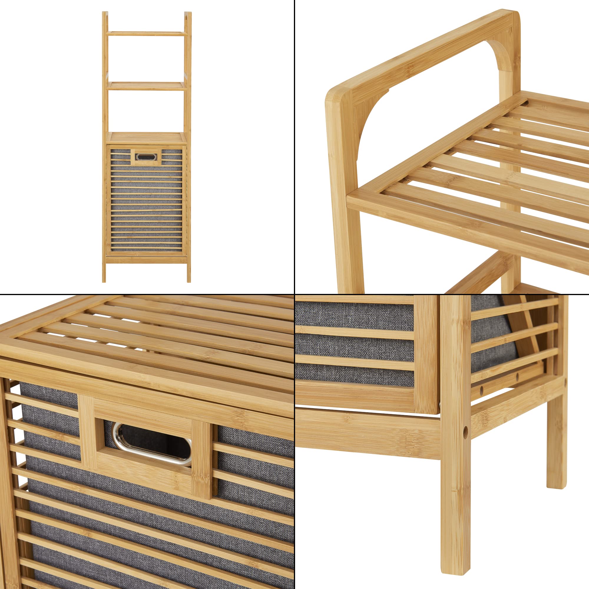 [en.casa] Estantería con Cesto Extraíble para la Colada Mueble de Baño Reclinable Ecológico Bambú Poliéster 118 x 40 x 31 cm Gris Natural