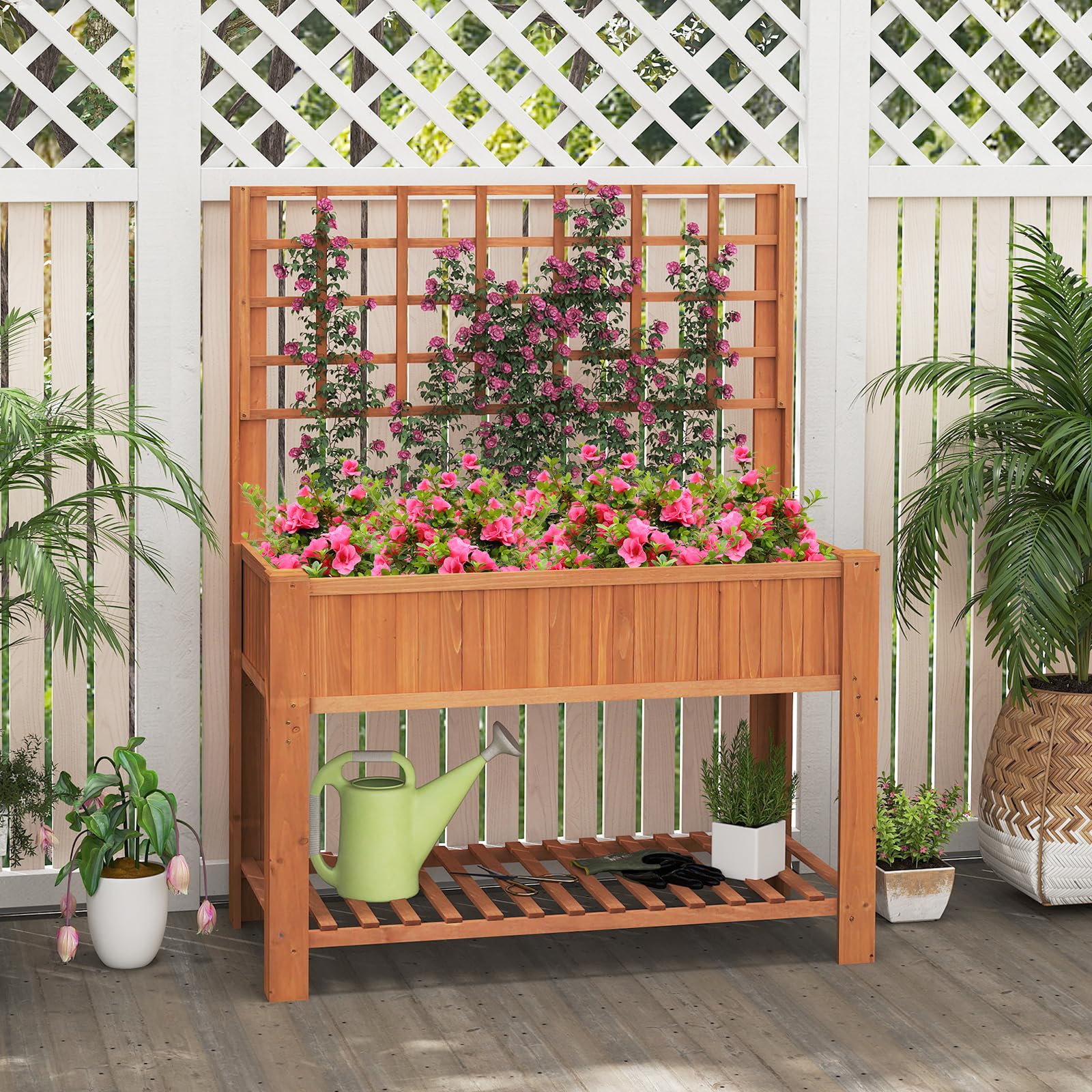 Cama de Jardín Elevada con Espaldera, Jardinera Elevada de Madera con Patas, Revestimiento, Estante de Almacenamiento y Agujeros de Drenaje para Plantas Trepadoras, Vides, Verduras, Hierbas (Marrón)