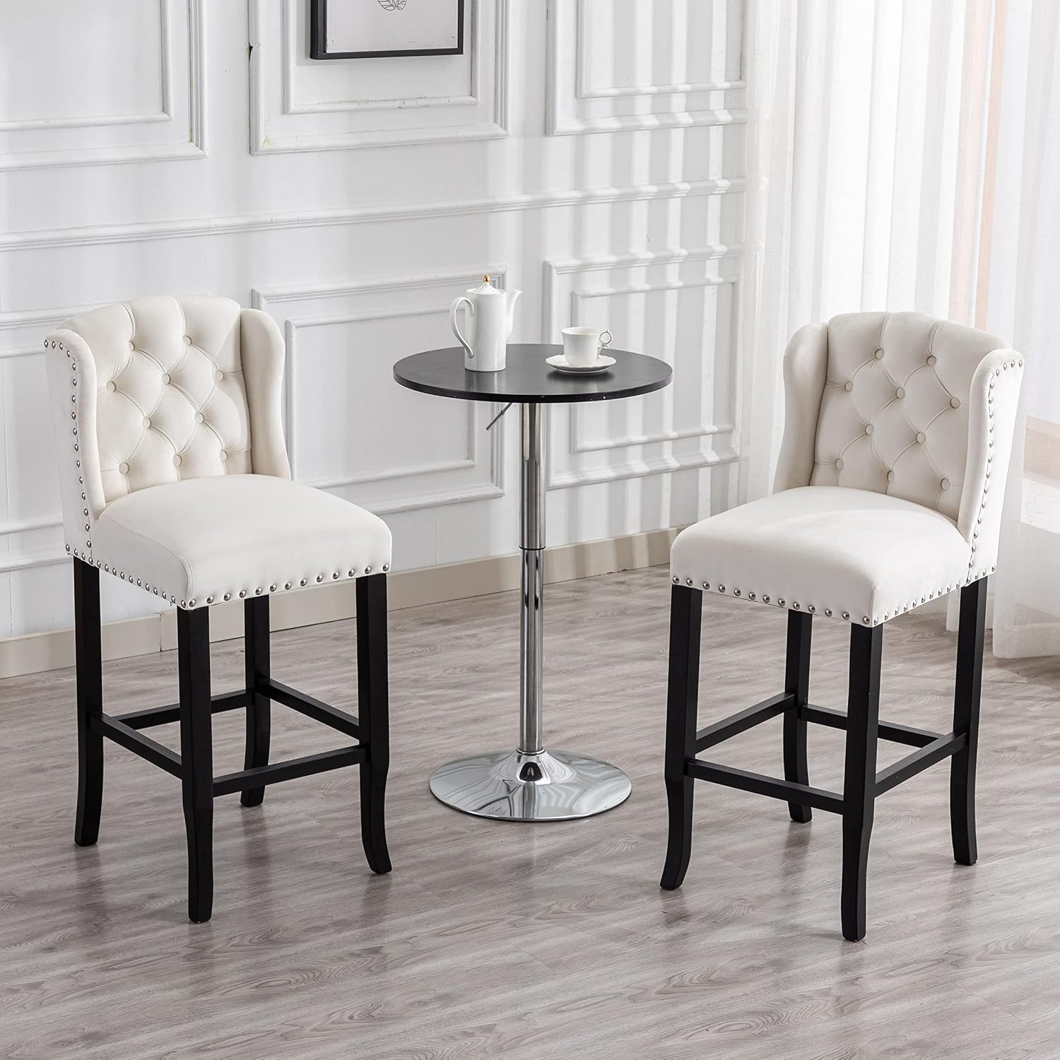 Ya-Home Mid-Century Bar Stools Set of 4, 30 Inch Counter Height Barstools Velvet Fabric with Solid Wooden Legs, Upholstered Tufted Kitchen Stools for Dining Room Kitchen, White