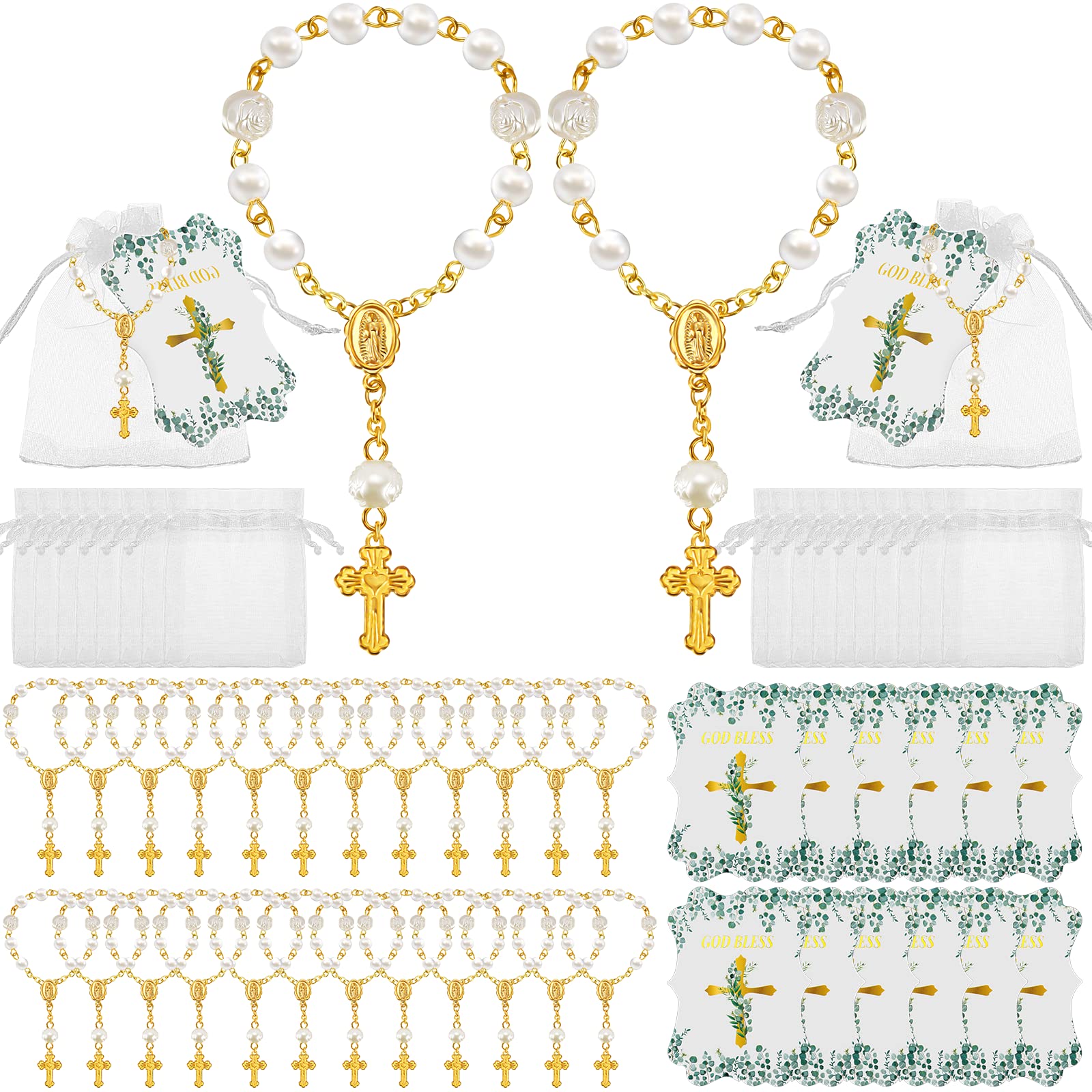 Photo 1 of Jeyiour 96 Pcs Christian Catholic Favor Set Include 32 Finger Christian Rosaries Beads with Crucifix, 32 Organza Bags and 32 God Bless Tags Christening Wedding Party Favors(White Gold)