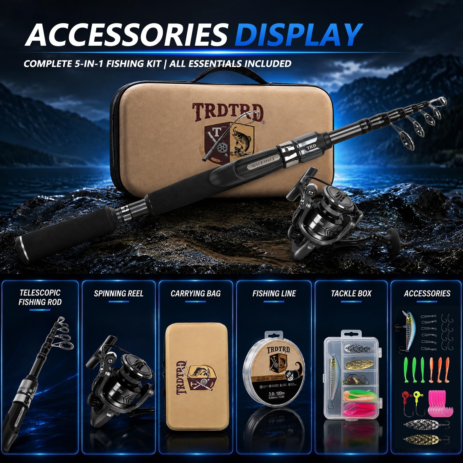 Fishing Rod and Reel Combo Kit—Telescopic Fishing Rod, Collapsible Fishing Rod, Portable Fishing Set w/Tackle Box, Lures & Bag, 4.2oz Carbon Fiber, 5.2:1 Anti-Twist Reel, Freshwater/Light Saltwater : Sports &