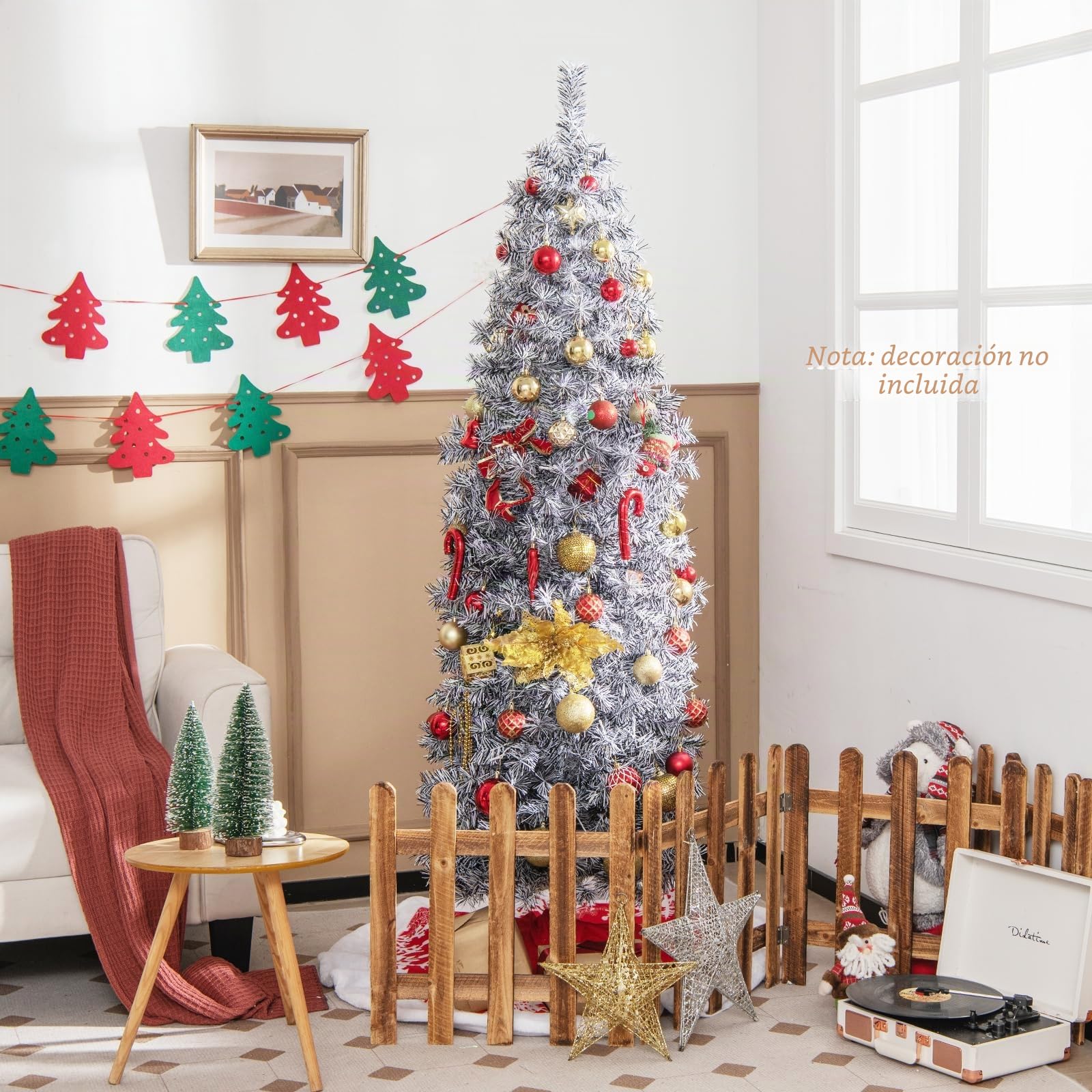 COSTWAY Árbol de Navidad Blanco y Negro 180cm, Arbol de Navidad Slim/Estrecho con Luces Incorporadas, 250 Luces Blancas Frías, 475 Ramas de PVC y Pet, Arvore de Natal Soporte de Metal Casa/Oficina