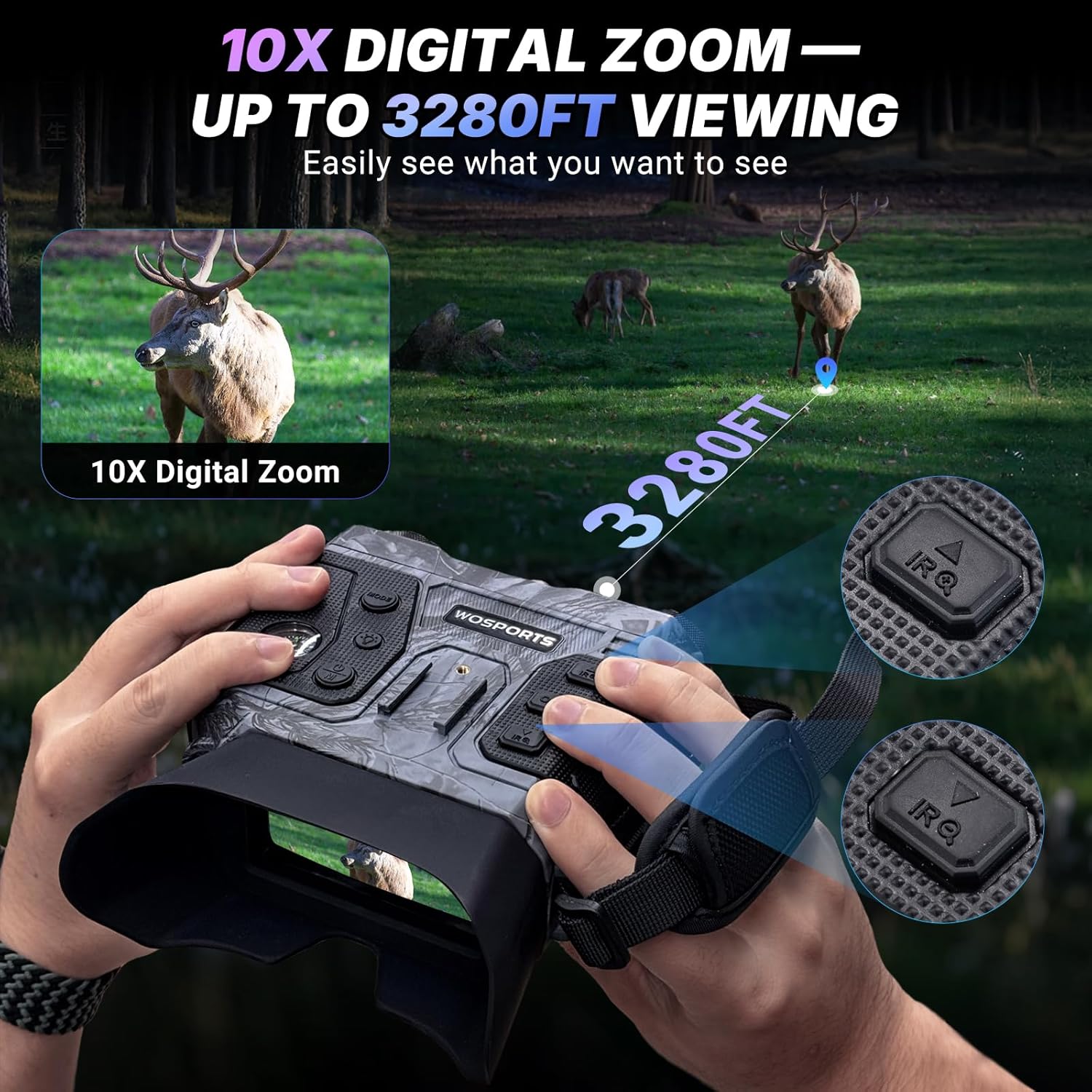 WOSPORTS 4K Night Vision Goggles with 36MP Photo, 1300FT Range, Built-in Flashlight & Compass, 5000mAh Battery, Supports 256GB SD, for Security, Camping, Travel Use - Image 5