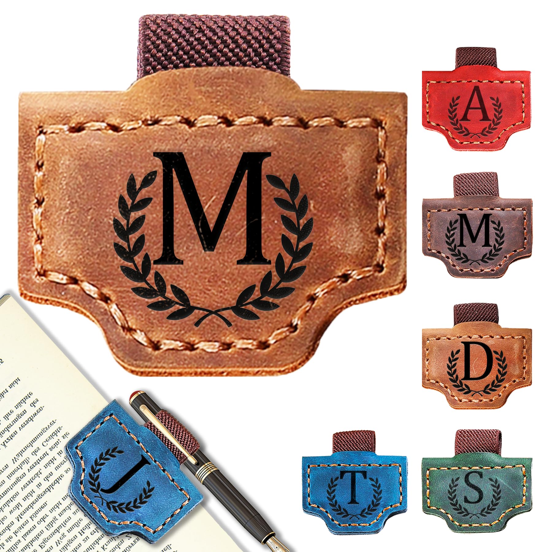 Personalized Leather Magnetic Bookmark with Pen Holder, Bookmark 26 Letters Name Initial Bookmarks for Readers, Book Lover Gifts for Women Men