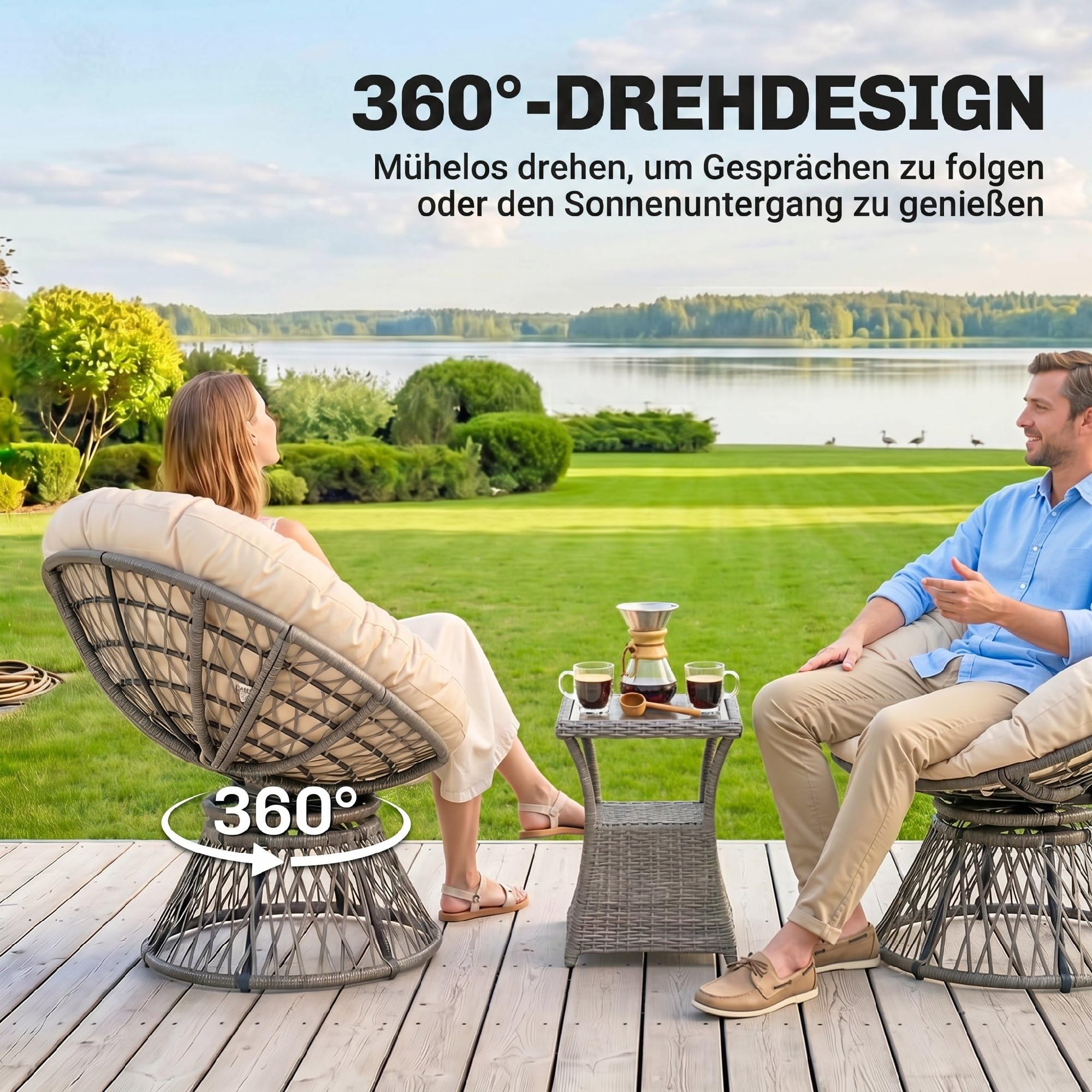 Outsunny Papasansessel Korbsessel Sessel mit Polster 360 Grad Rattan Beige B87 x T97 x H86 cm