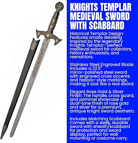 Miniatura 2 de SZCO Supplies Caballeros Templarios Espada de Oro Rosa Espada Medieval