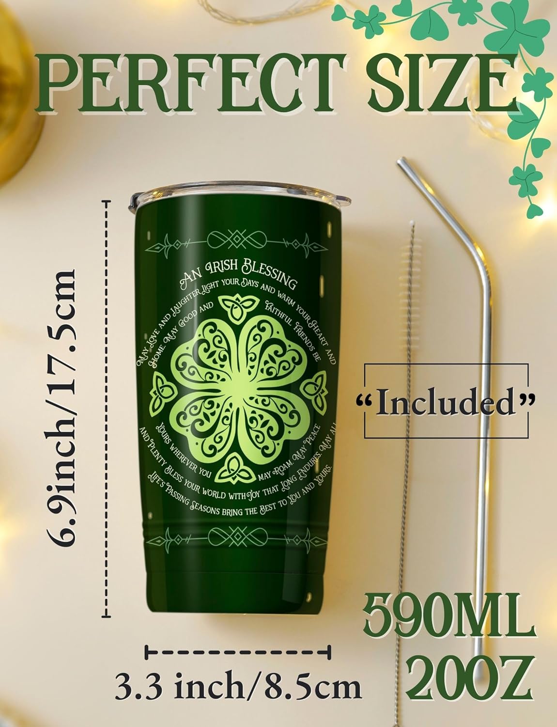 Onebttl Irish Gifts for Women Men, 20oz Insulated Stainless Steel Tumbler with Lid and Straw, Best Irish Gifts for Best Friends, Christmas, Birthday, St Patricks Day - Irish Blessing - Image 2