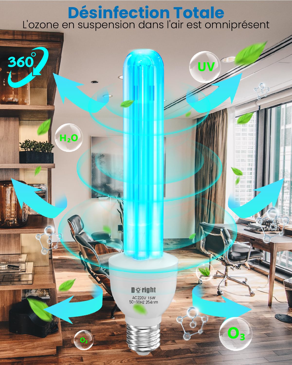 DoRight Lampe Ultraviolet Ozone E27 15W Lampe UV Germicide UVC avec Ampoule Ozone E27 Ampoule UV Sterilisateur avec Tube de Quartz Stérilisation UVC 254nm AC220-240V pour Toilette, Cuisine, Chambre