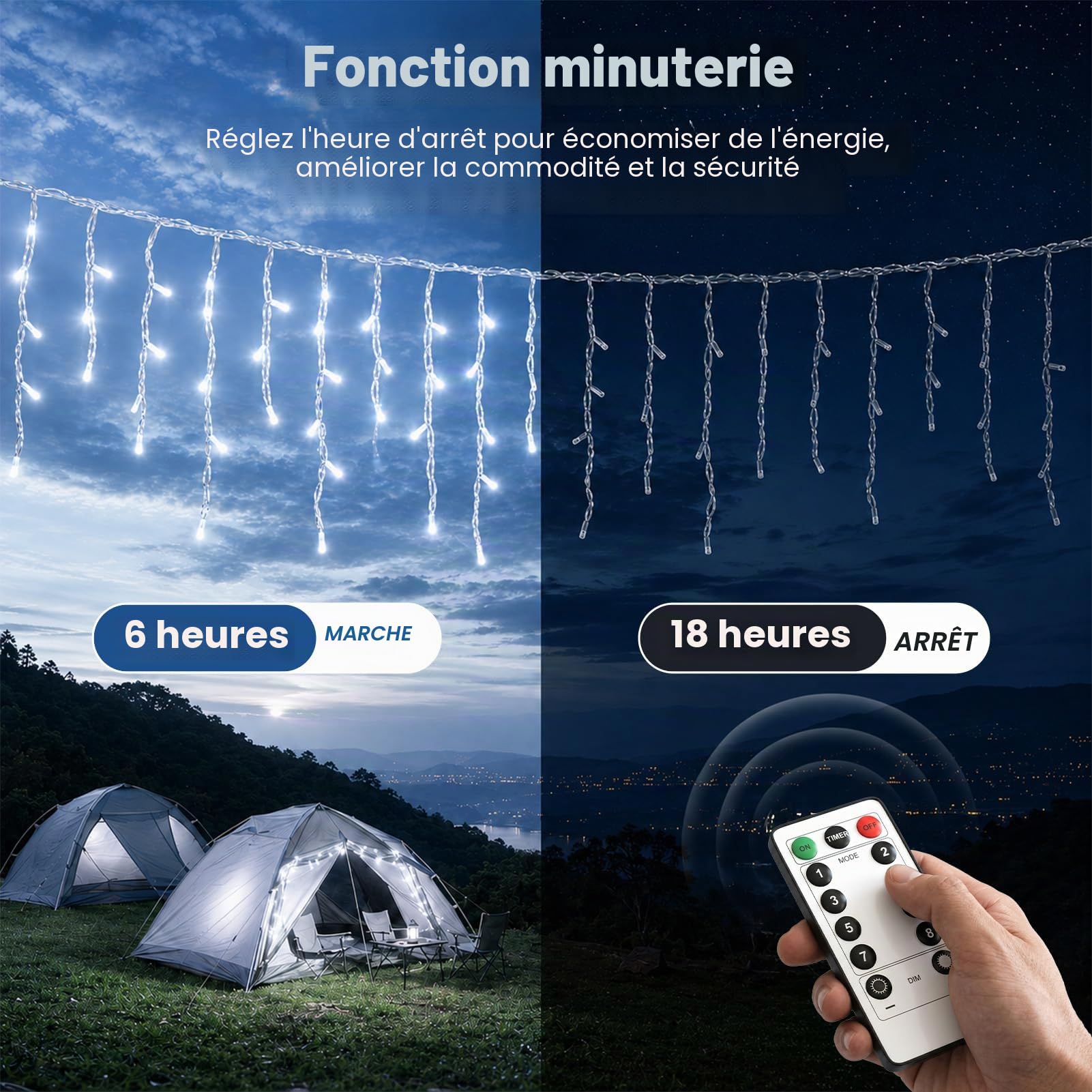 PEMOTech – Guirlande lumineuse de Noël en forme de stalactite pour l'extérieur, 423 LED, 10 m/33 pi, lumières de fée blanc froid, IP65 étanche et résistante à la poussière, 8 modes et télécommande