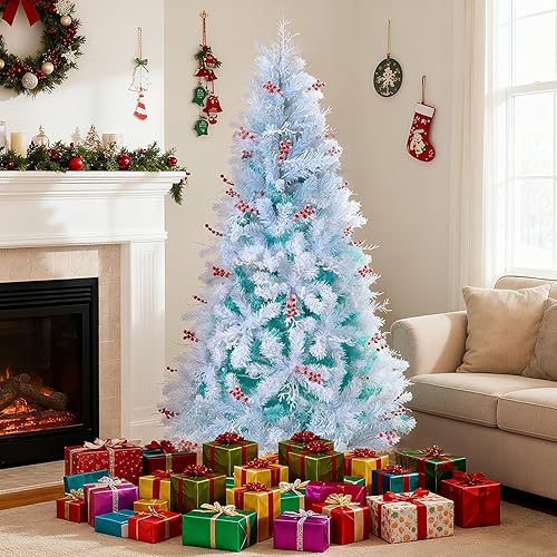 Miniatura 17 de GOFLAME Árbol de Navidad artificial preiluminado de 8 pies con luces LED blancas cálidas y conos de pino, decoración navideña para el hogar