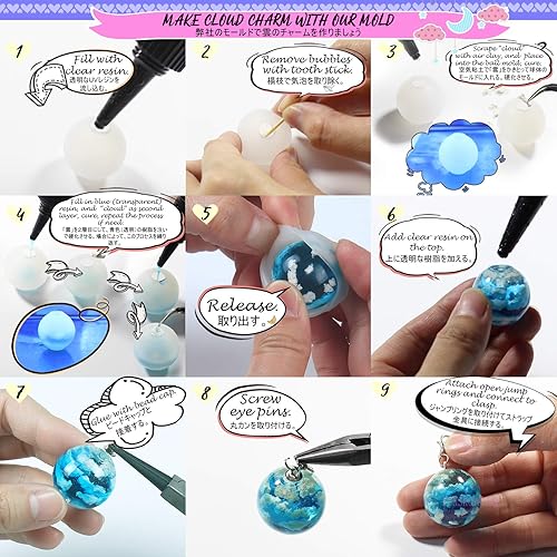 Miniatura 5 de Funshowcase Sphere - Moldes de silicona epoxi, suministros de fundición de joyería, paquete de 9 bandejas con 55 kits de arcilla de aire, cuentas,