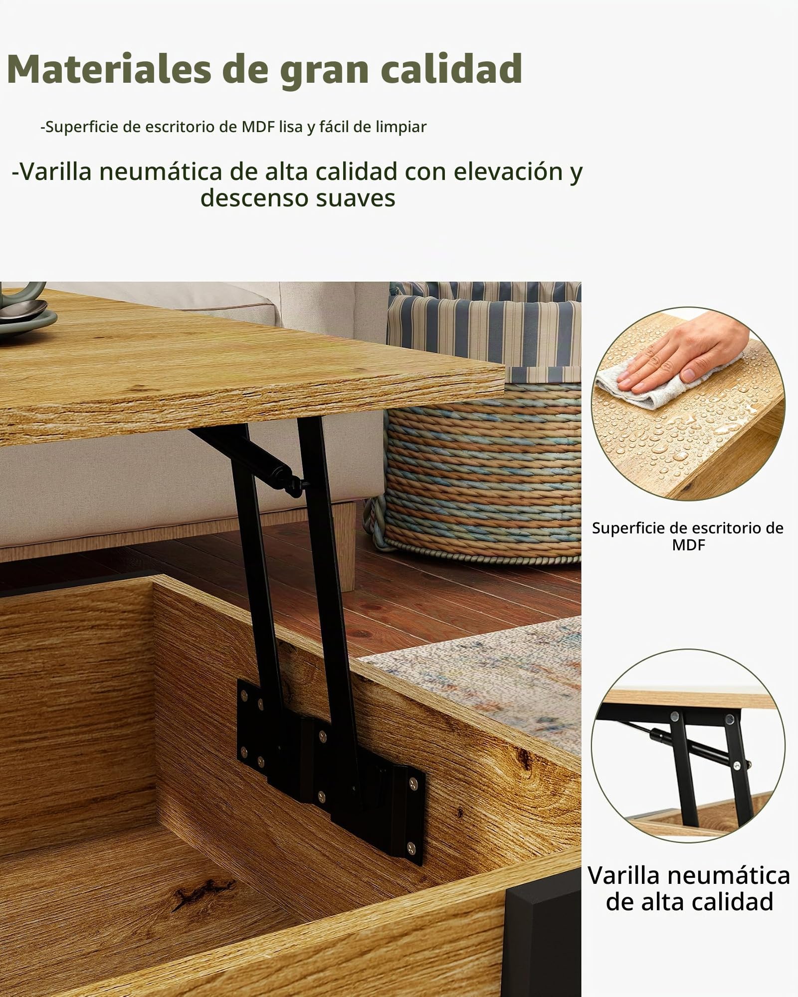 Mesa de Centro Elevable 45-62cm, Coffee Table con Luz LED, Mesas Auxiliares para Salon 92x50cm, Mesa de Centro Madera Roble, Muebles de Salon con Patas Negras U