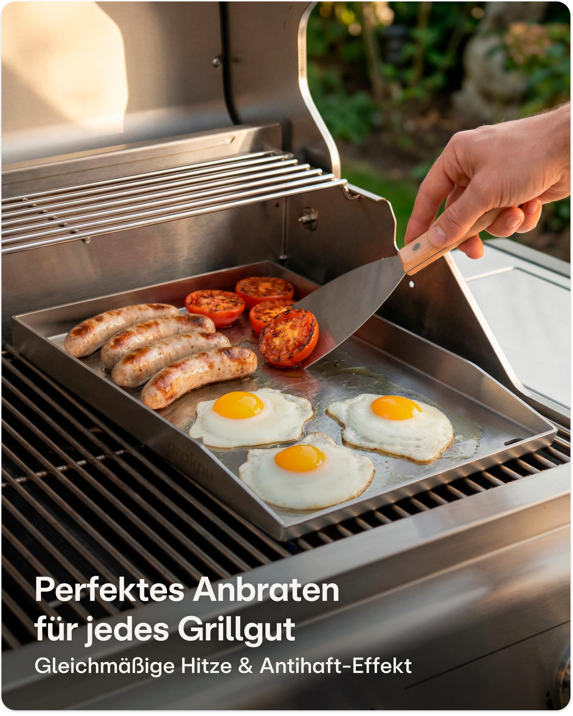 Praknu Plancha Grillplatte Edelstahl (30x40 cm) – Plancha für Gasgrill mit Fettablauf – Teppanyaki Grillplatte inkl. 2 Spatel – Grillplatte für Gasgrill & Holzkohlegrill – Rostfreie Plancha für Grill