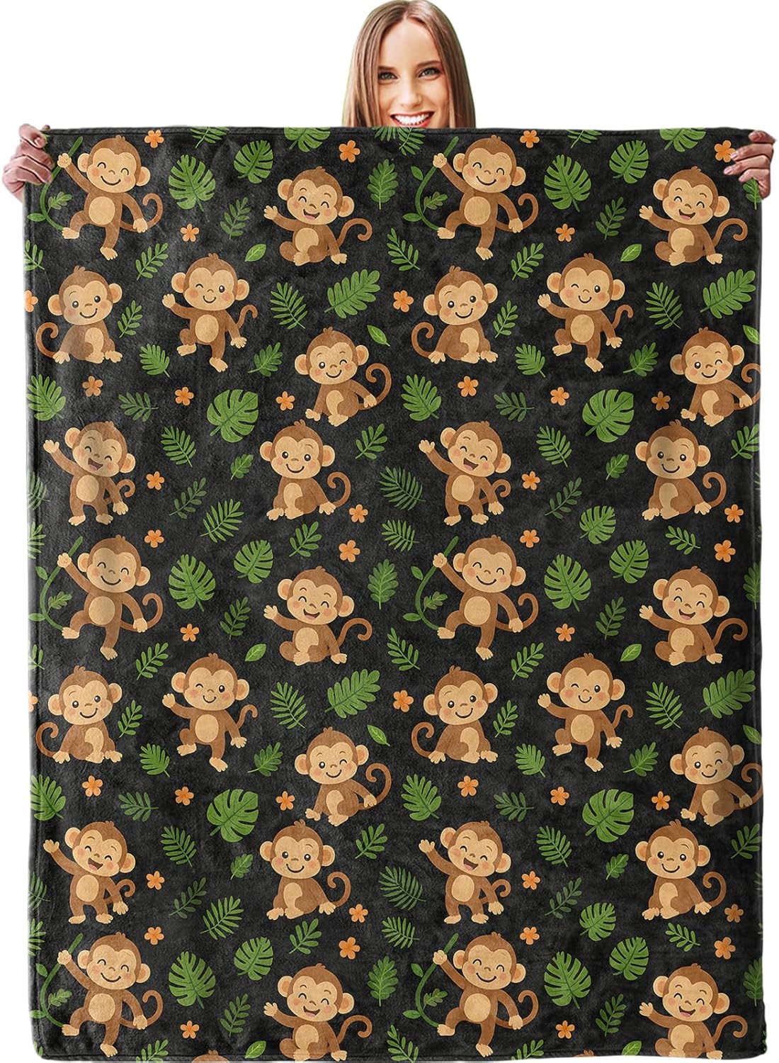 Cute Monkey & Leaf Blanket - Plush, Soft, Comfy, Lightweight, Warm, Fuzzy, Cozy Flannel Throw Blanket for Couch, Travel, Bed, Office, Outdoor - 50in×60in