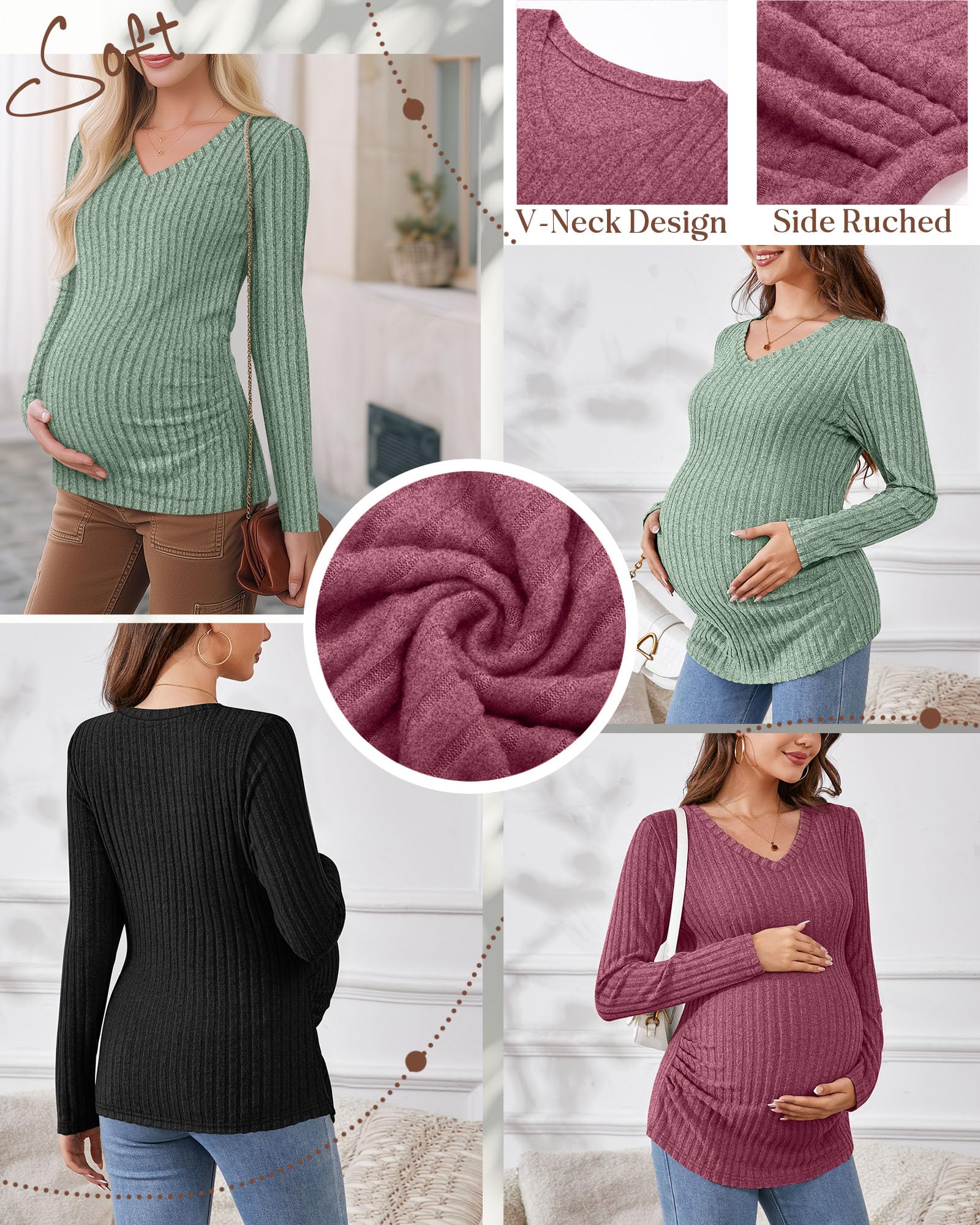 Ficerd Camisetas de Maternidad 3 Piezas, Ropa de Embarazo de Manga Larga, Cuello en V, suéter Acanalado para mamá