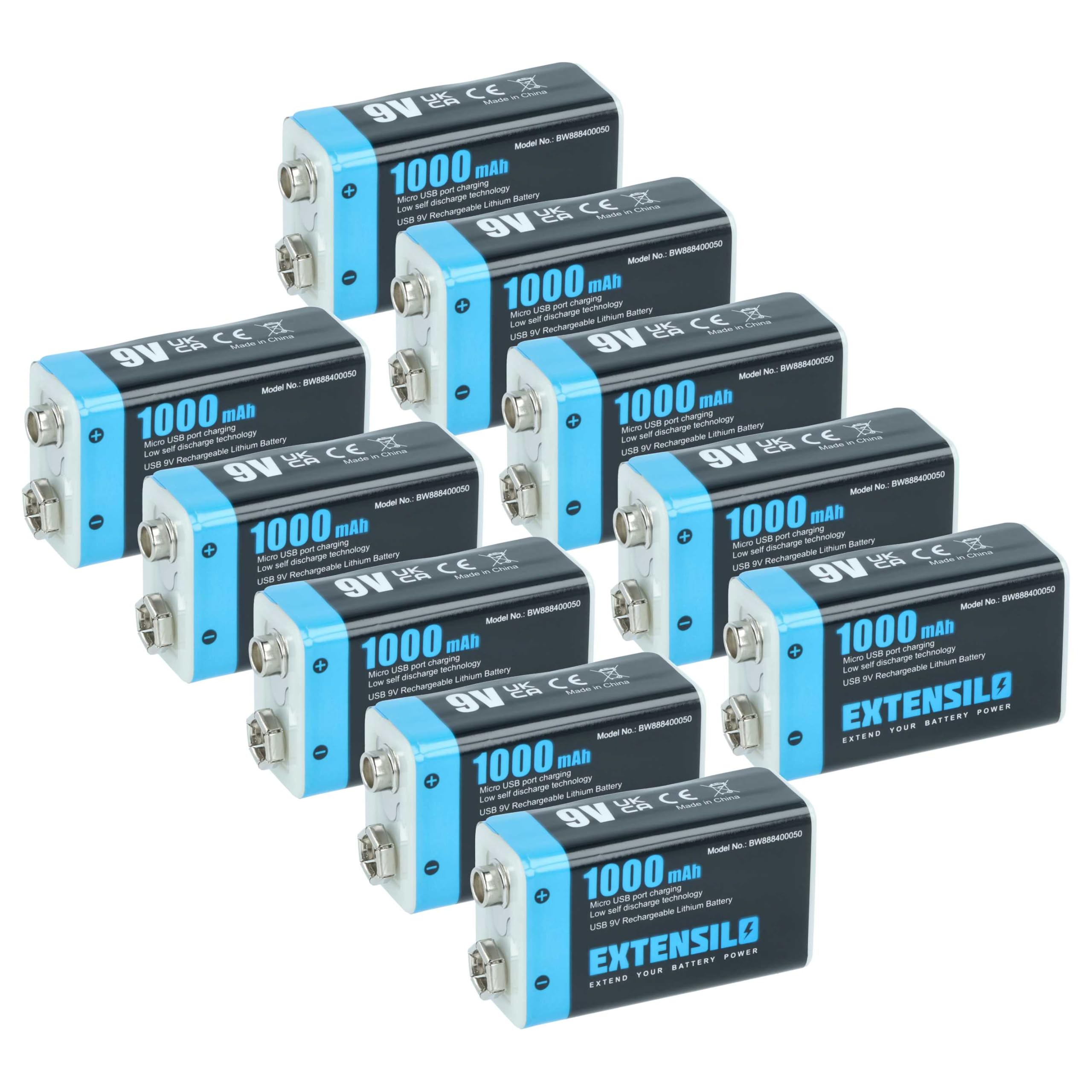 10x Piles Bloc Batterie 9V pour Divers appareils (1Ah, 9V, Li-ION), prête à l'emploi, avec Micro-USB