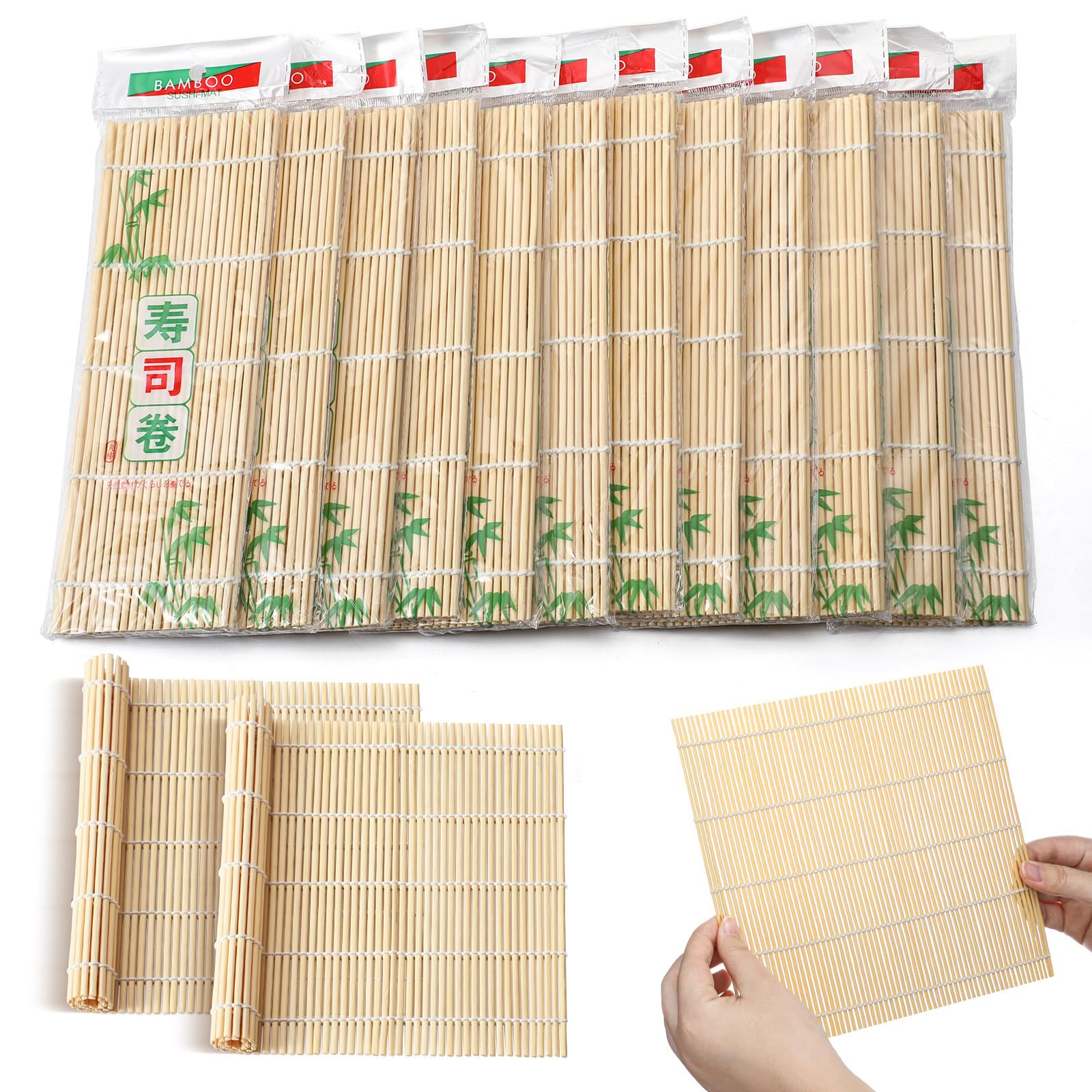 Hoolerry Sushi-Matte, Bambus-Sushi-Matte, antihaftbeschichtet, quadratisch, Rollmatte für Zuhause, Partyzubehör, 24,1 x 24,1 cm, 12 Stück